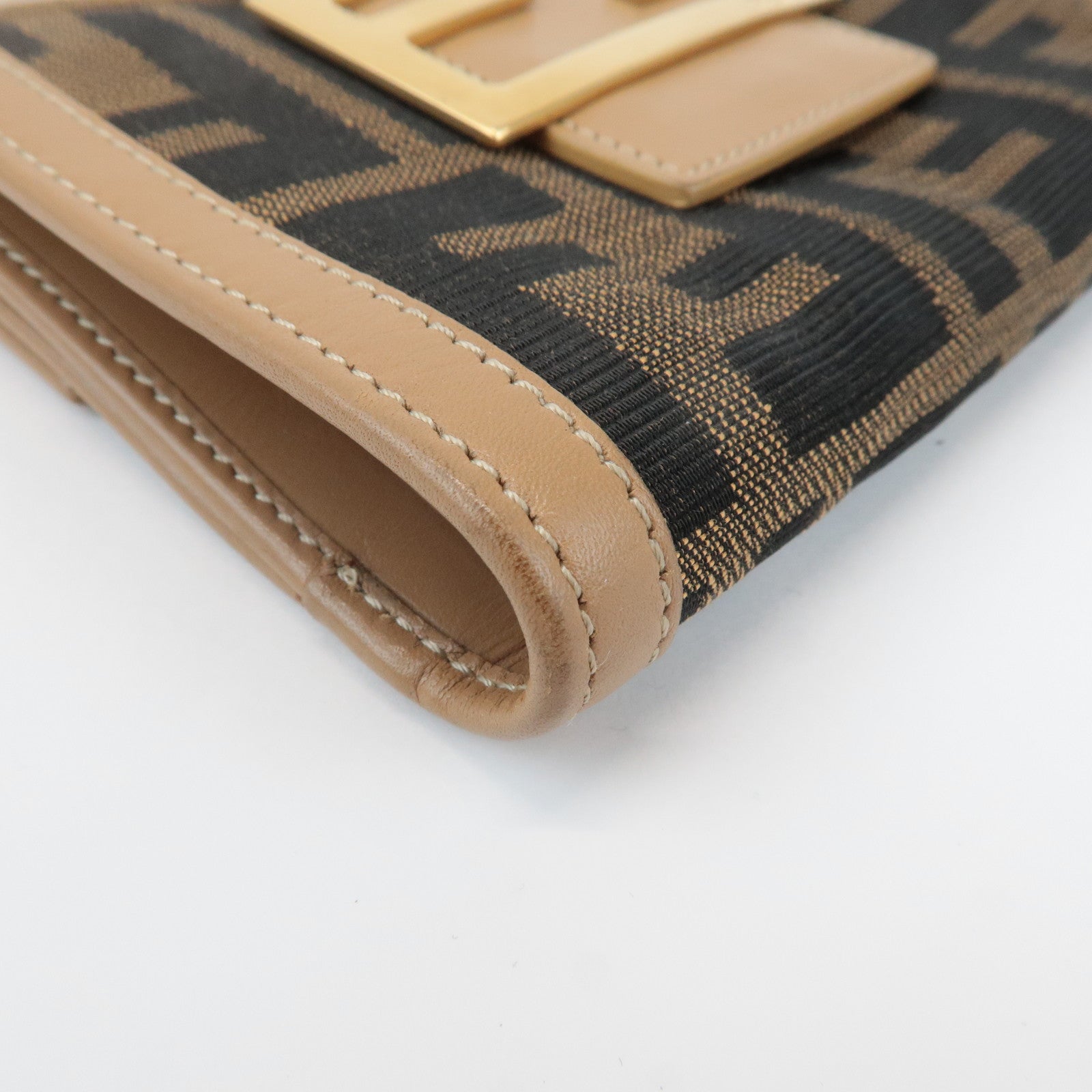 FENDI Zucca Leather Canvas Double Hook Bi Fold Wallet Beige 8M0035 Used