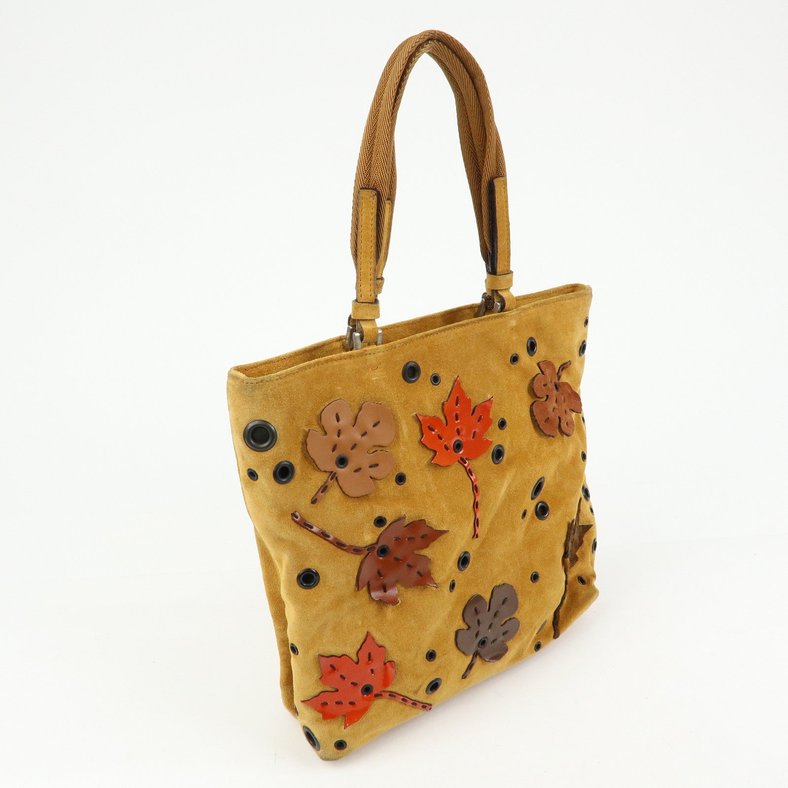 PRADA Suede Leather Hand Bag Tote Bag Maple Motif Yellow Beige