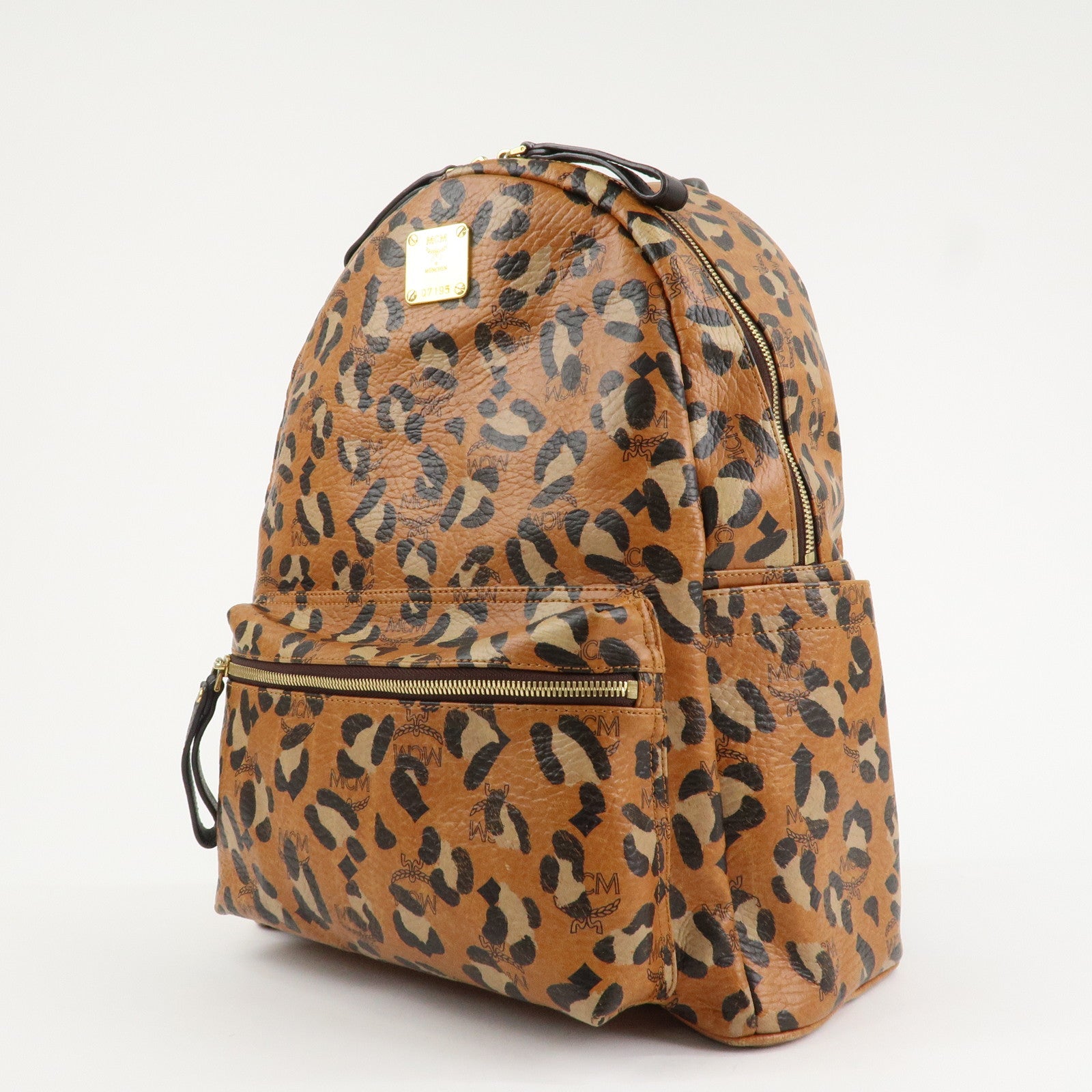 MCM Visetos Leather Leopard Back Pack Black Beige Brown Gold HDW Used