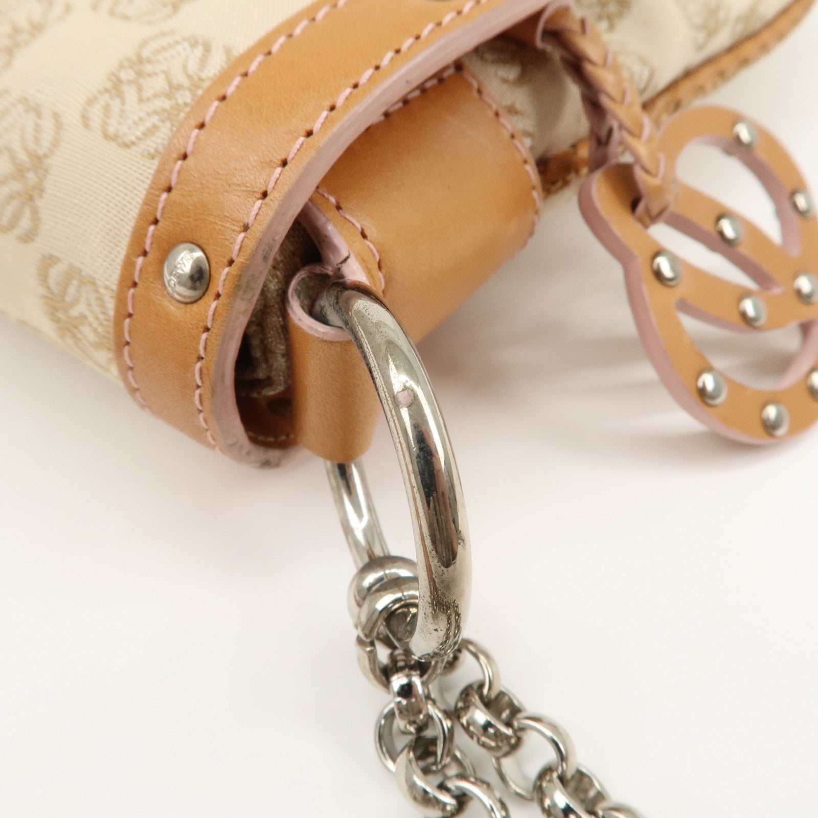 LOEWE Repeat Anagram Leather Canvas Chain Shoulder Bag Beige Brown Used