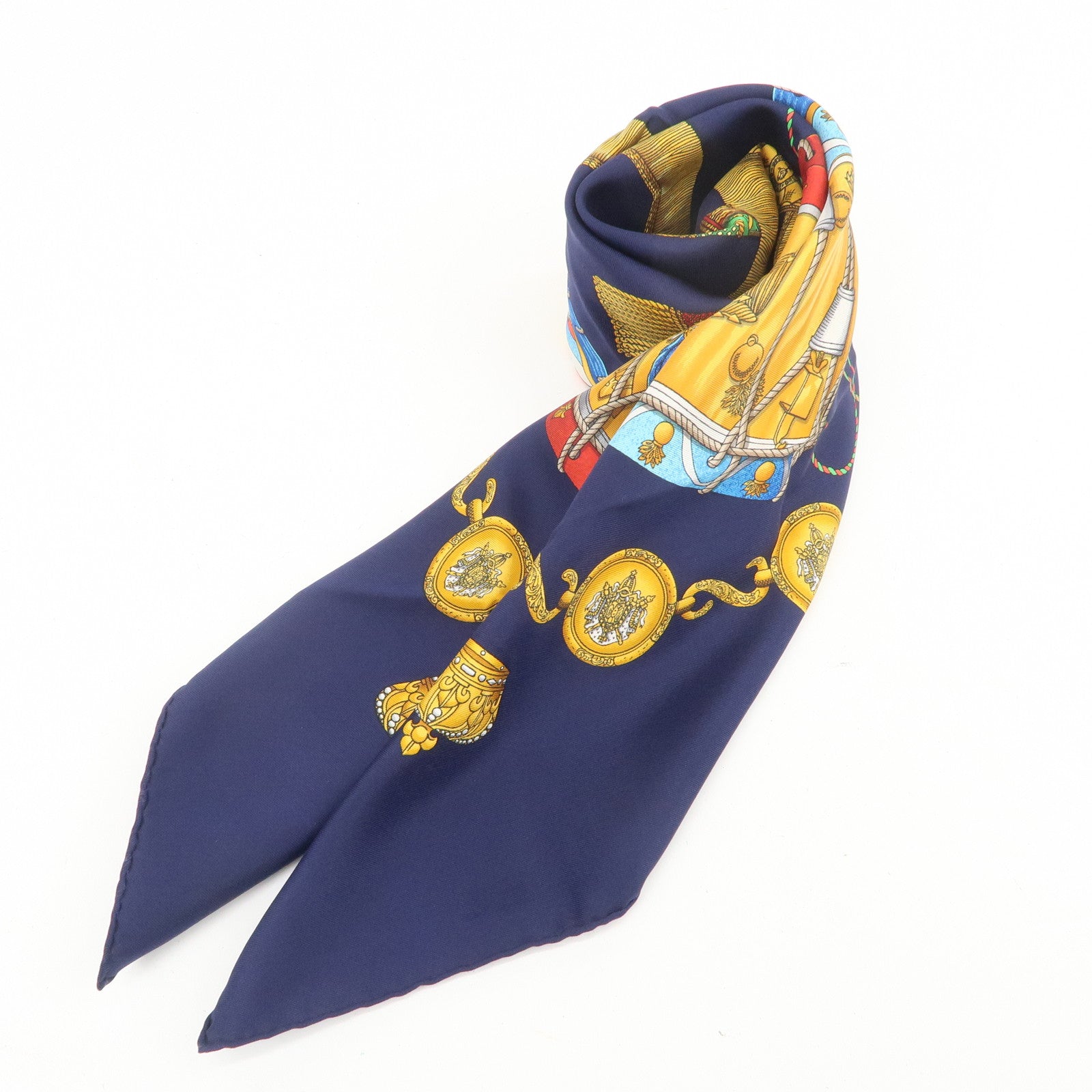HERMES Carre 90 Silk 100% LES TAMBOURS Scarf Navy Gold