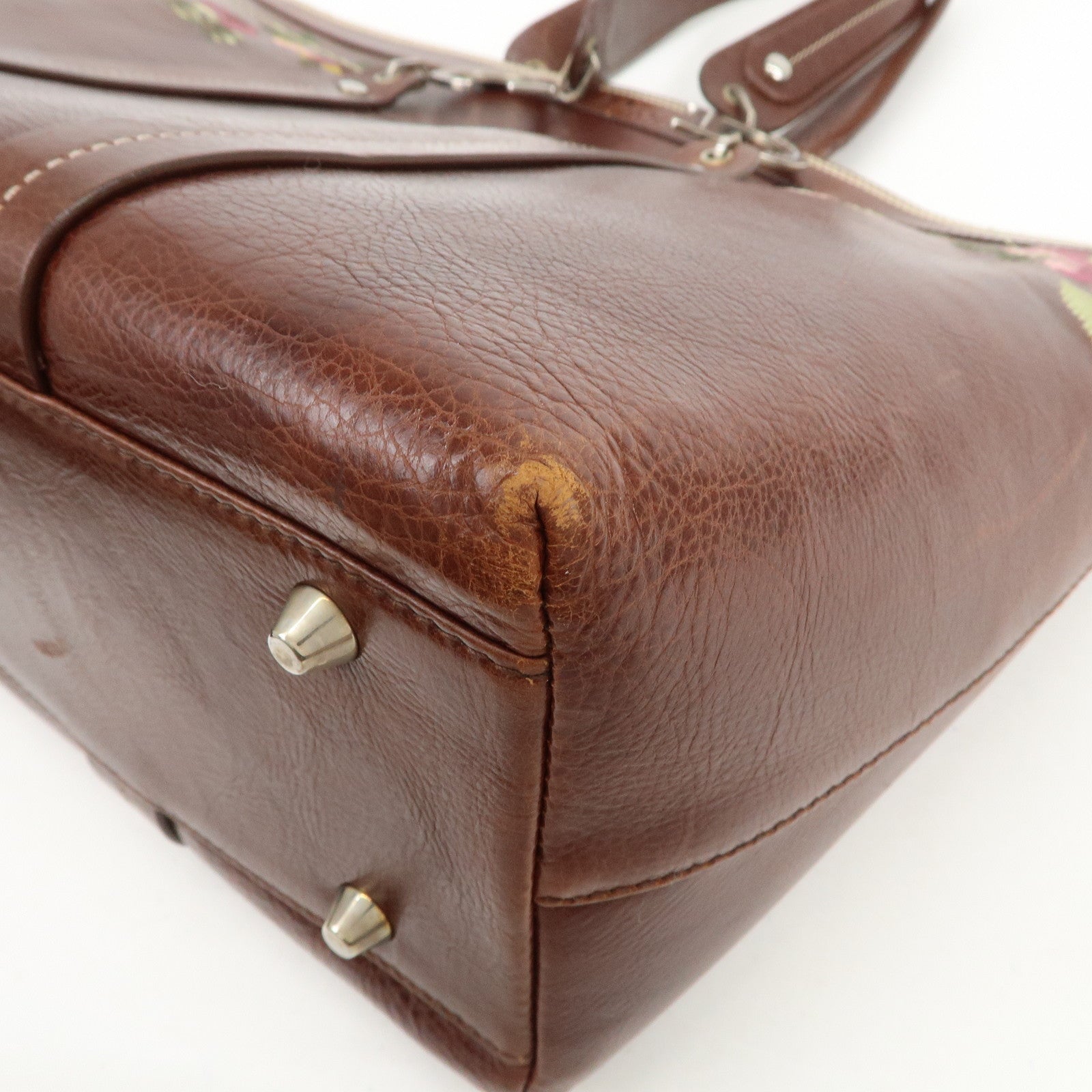 Christian Dior Leather Flower Embroidery Tote Shoulder Bag Brown