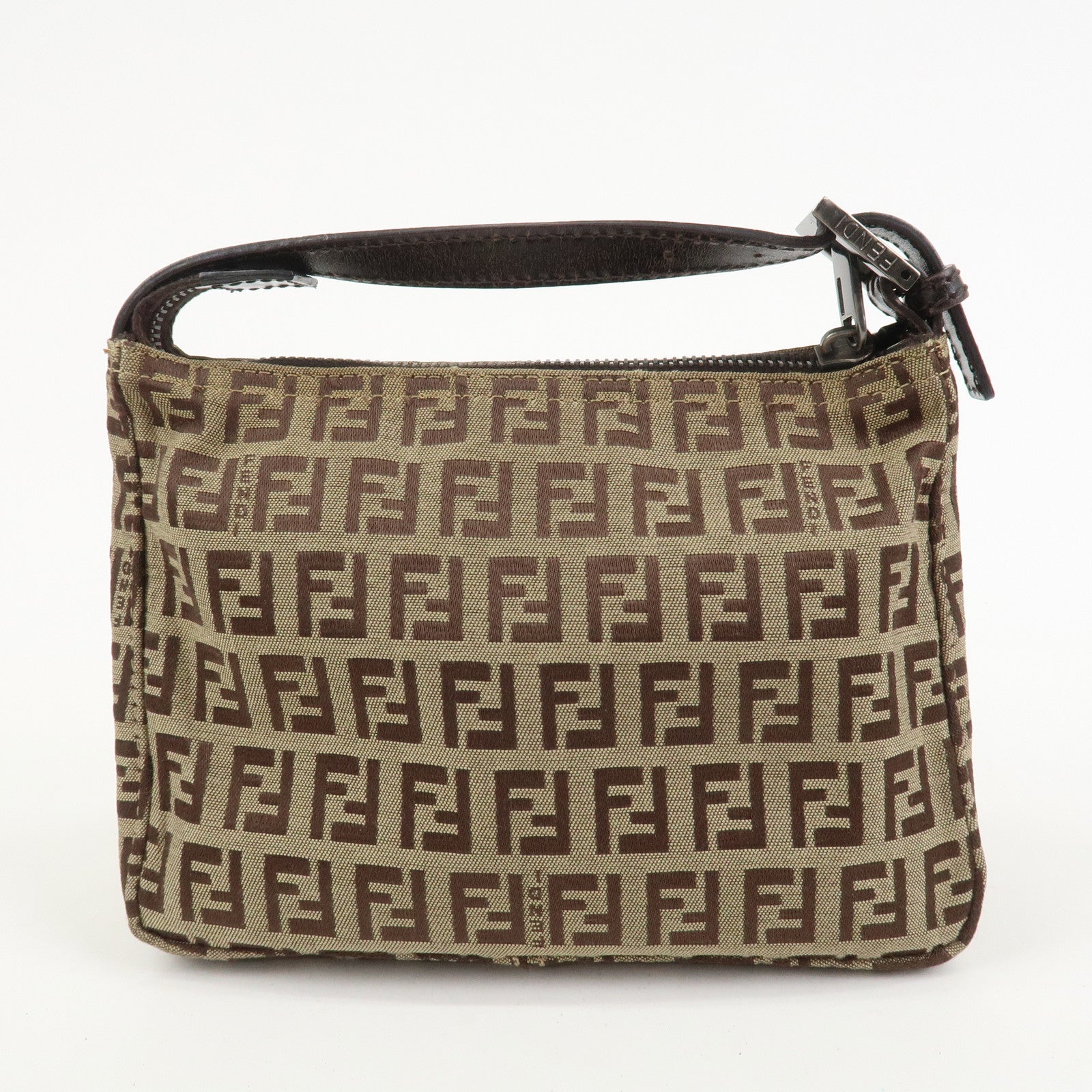 FENDI Zucchino Canvas Leather Hand Bag Pouch Bag Brown 8N0001