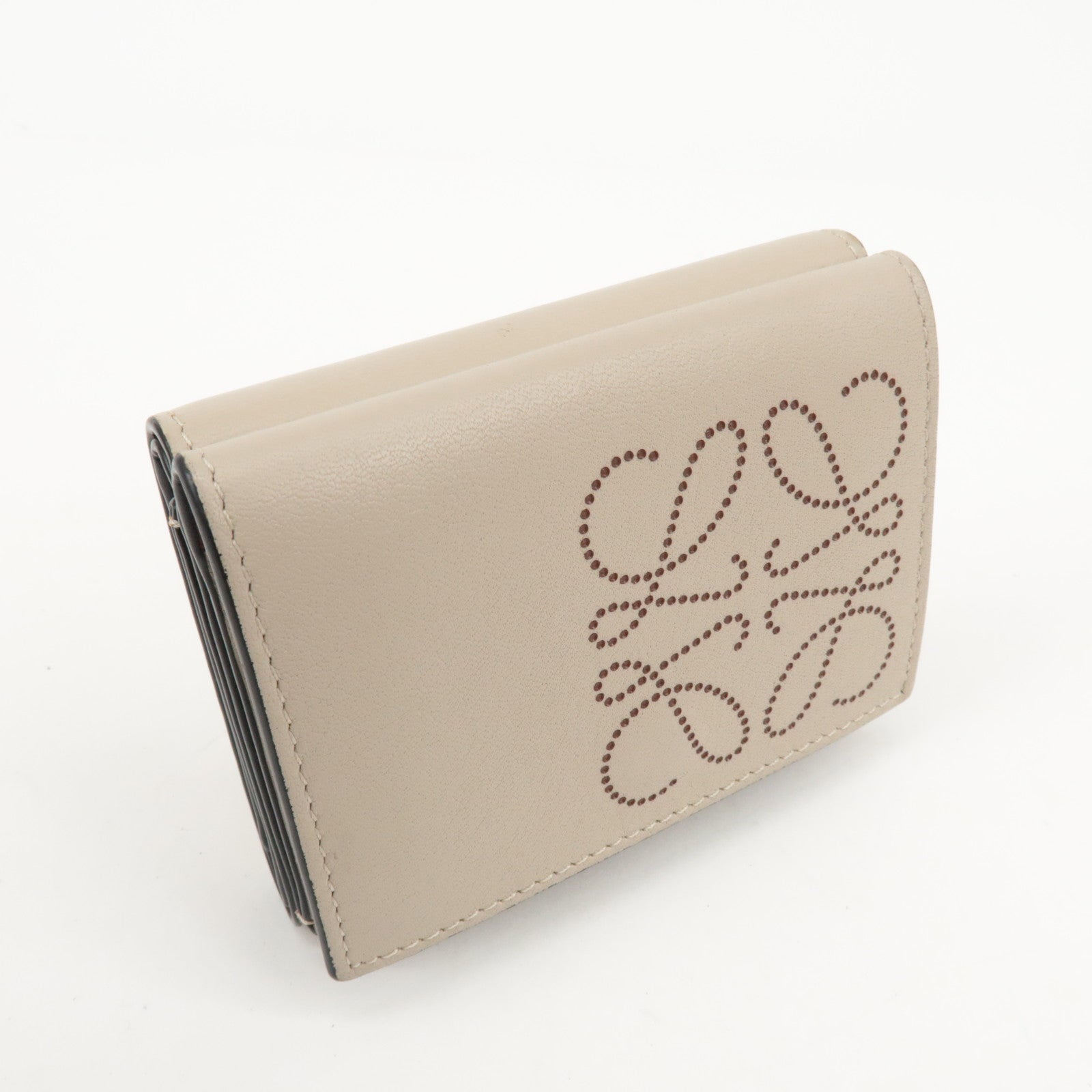 LOEWE Anagram Leather Tri-fold Compact Wallet Beige C500TR2X01 Used