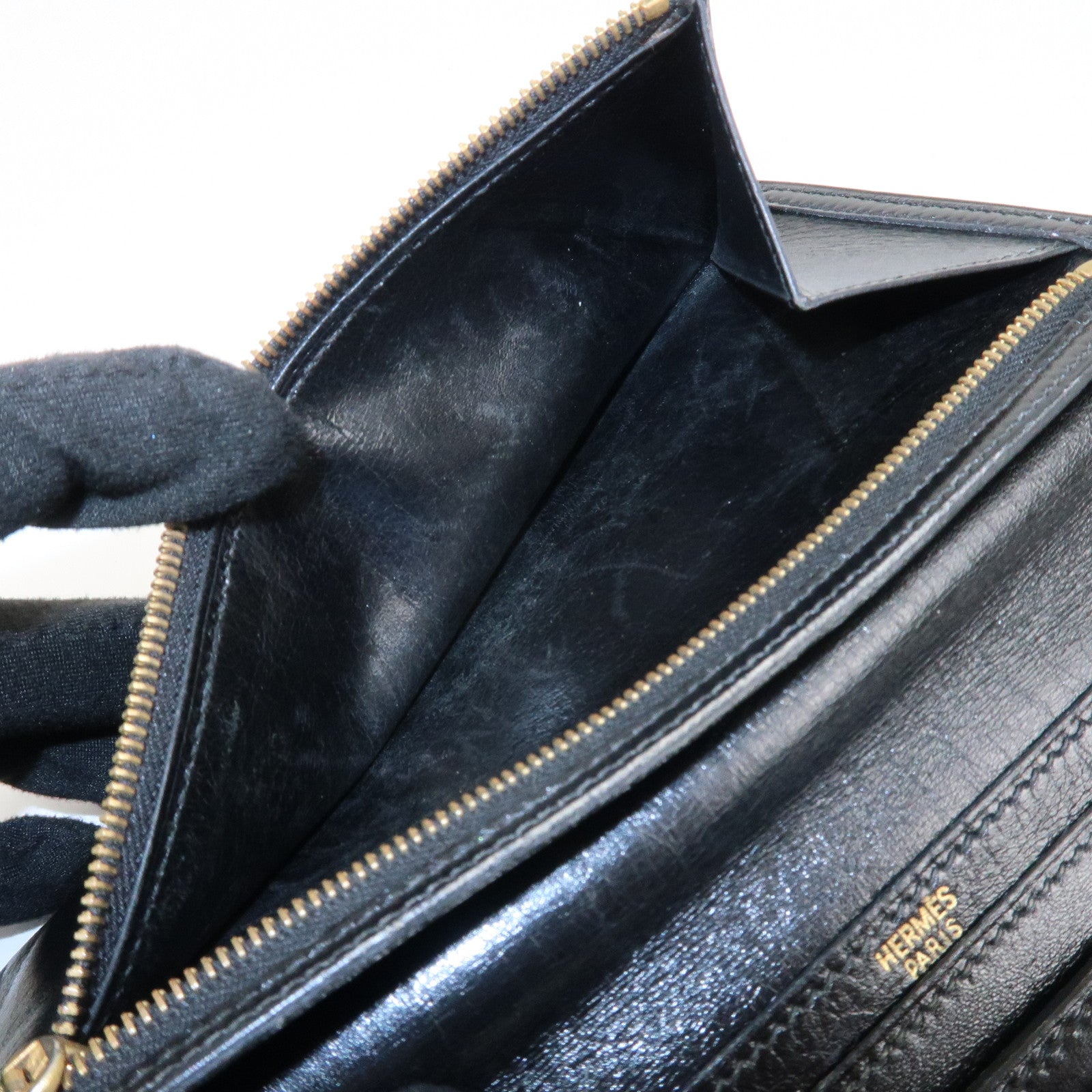 HERMES Box Calf Leather Beant Classic Long Wallet Black