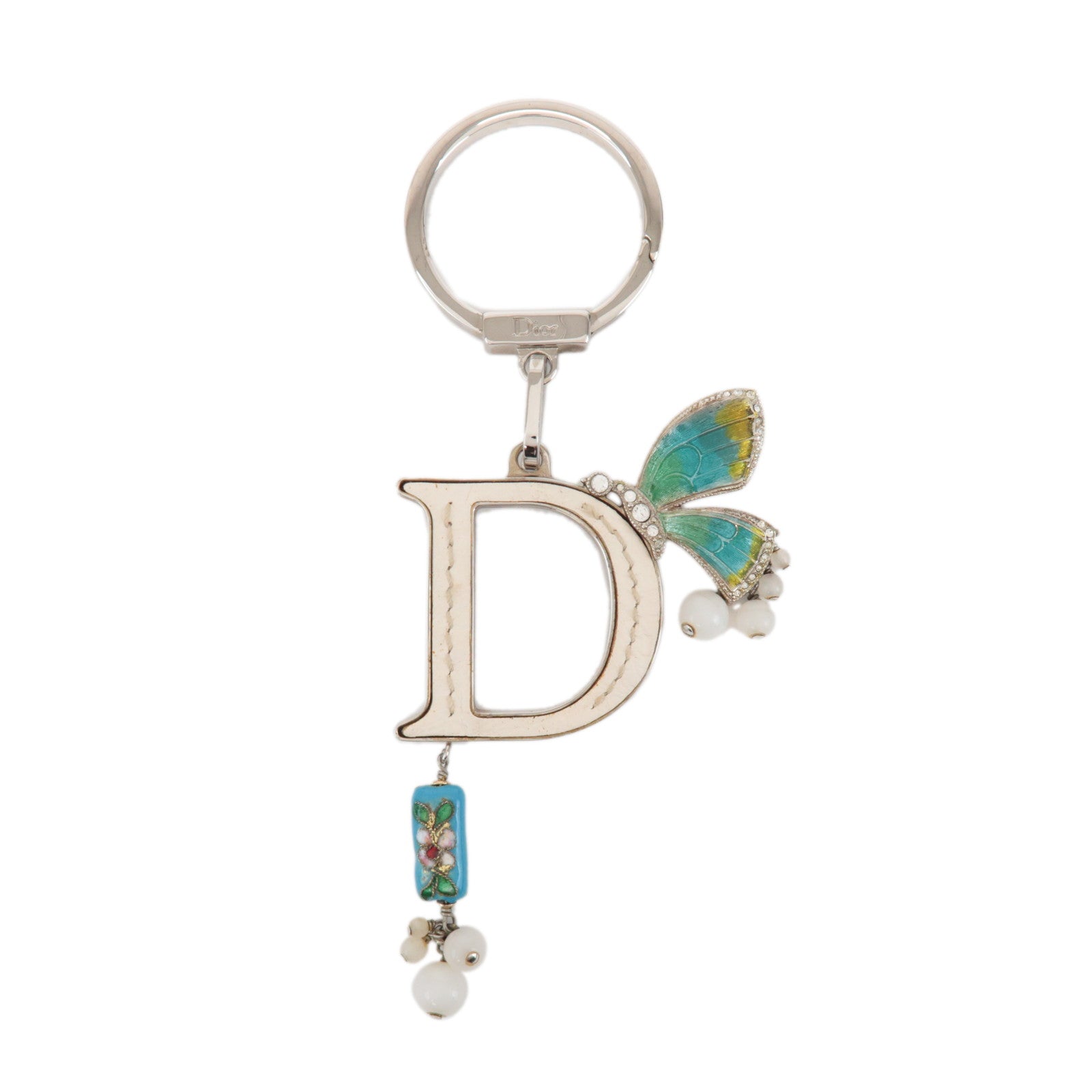 Christian Dior Metal Leather Butterfly Bag Charm Key Chain White