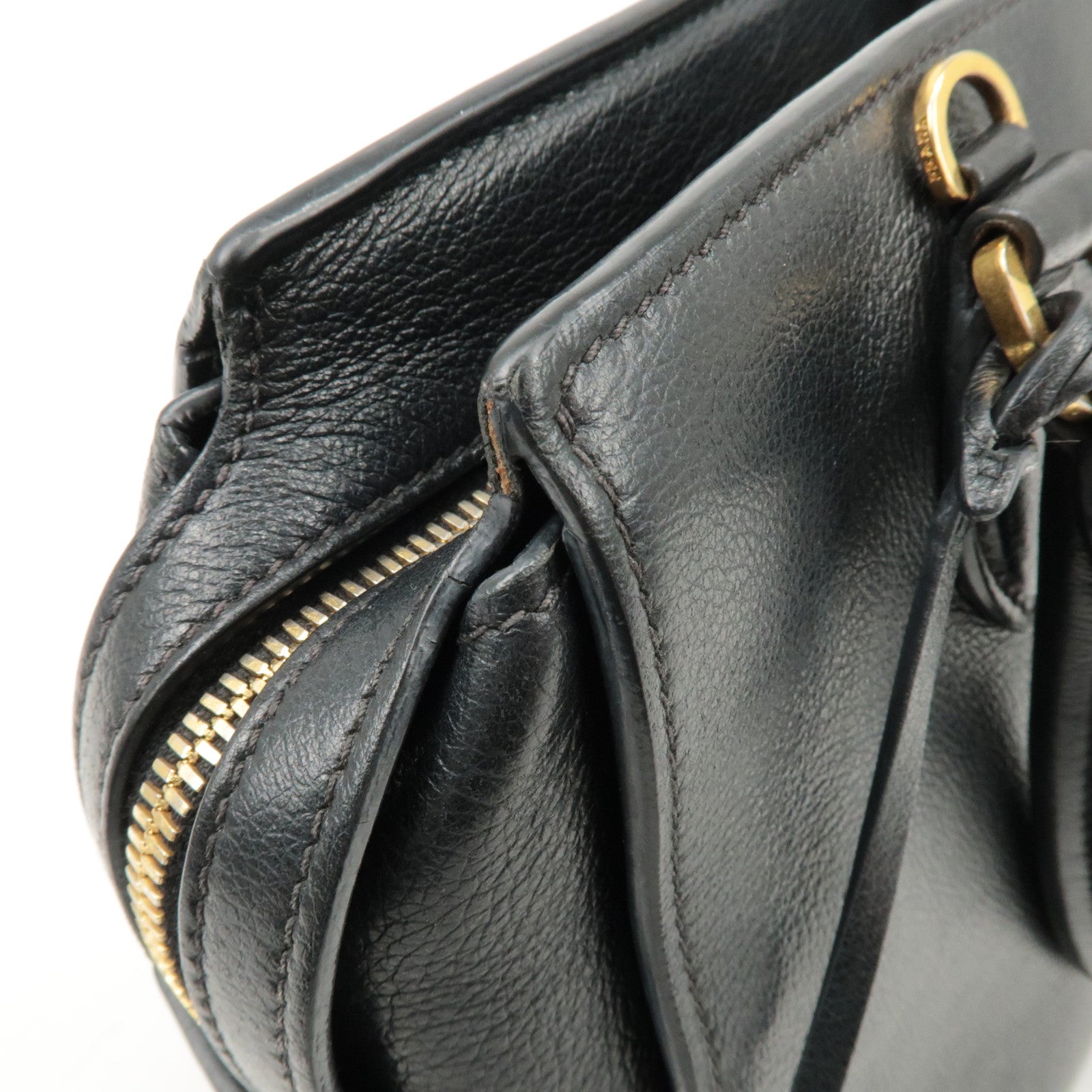 PRADA Leather 2Way Bag Shoulder Hand Bag Black Gold Used