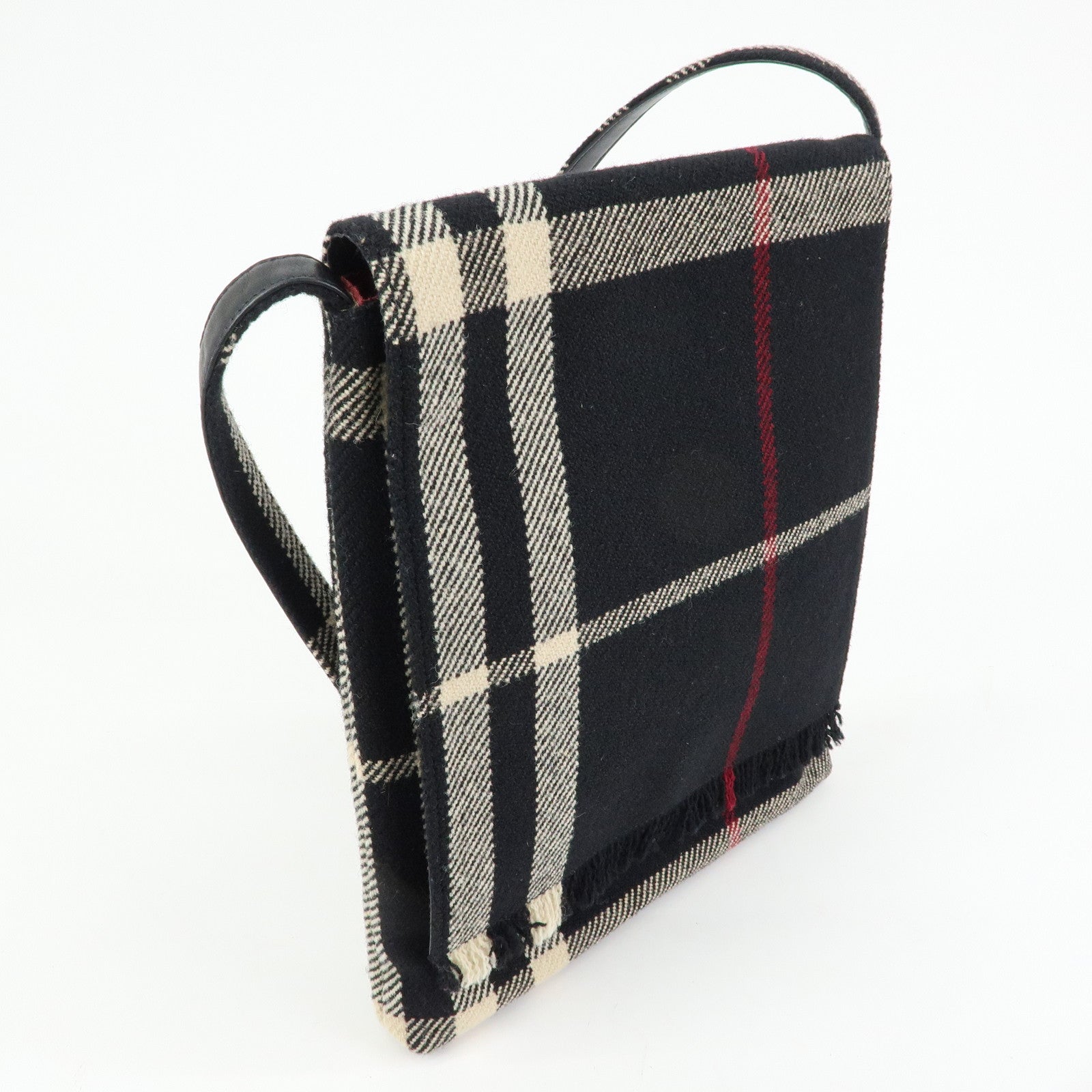 BURBERRY Plaid Wool Leather Shoulder Bag Crossbody Bag Black