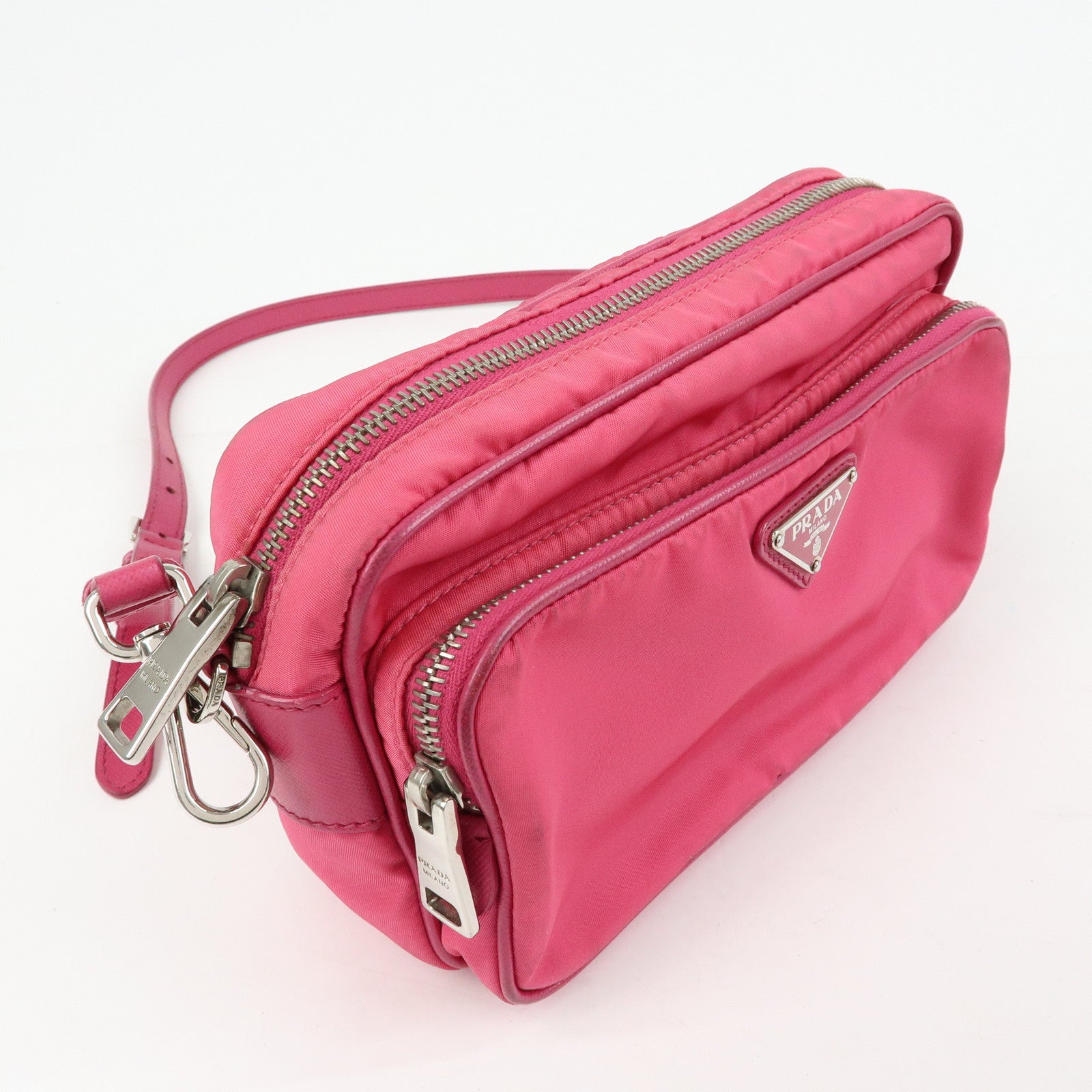 PRADA Triangle Logo Nylon Leather Shoulder Bag Pink BT1010