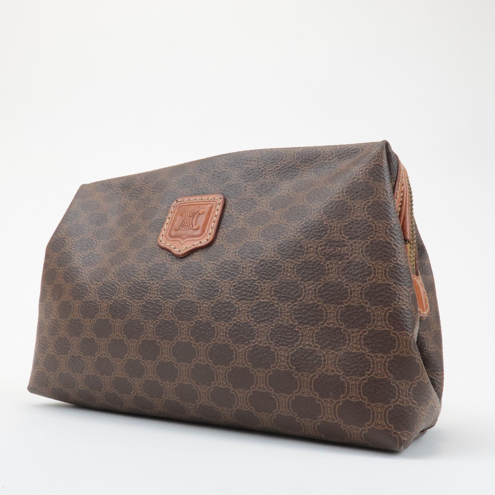 CELINE Macadam PVC Leather Canvas Pouch Brown Gold Hardware