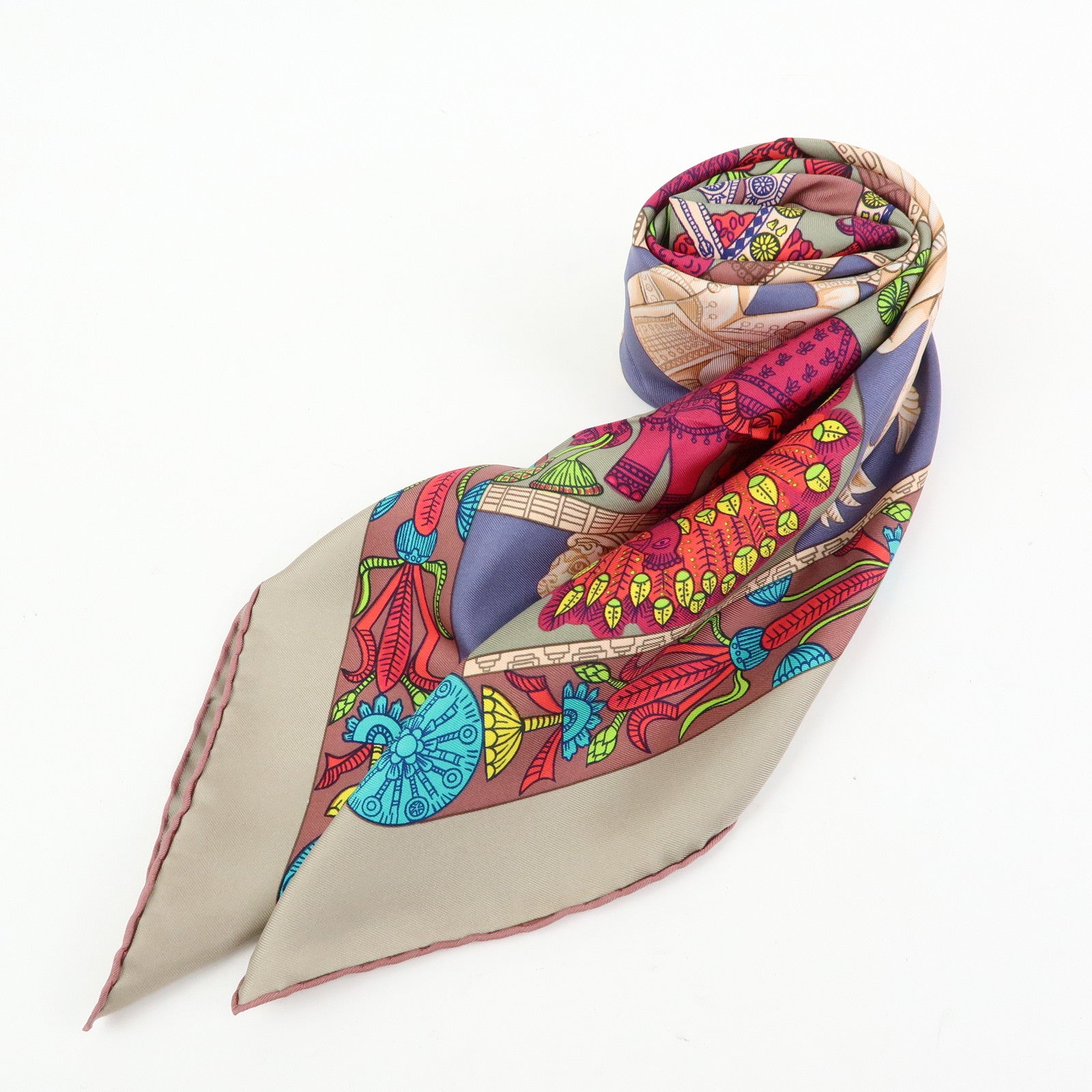 HERMES Carre 90 Silk 100% Scarf TORANA Red Purple Green