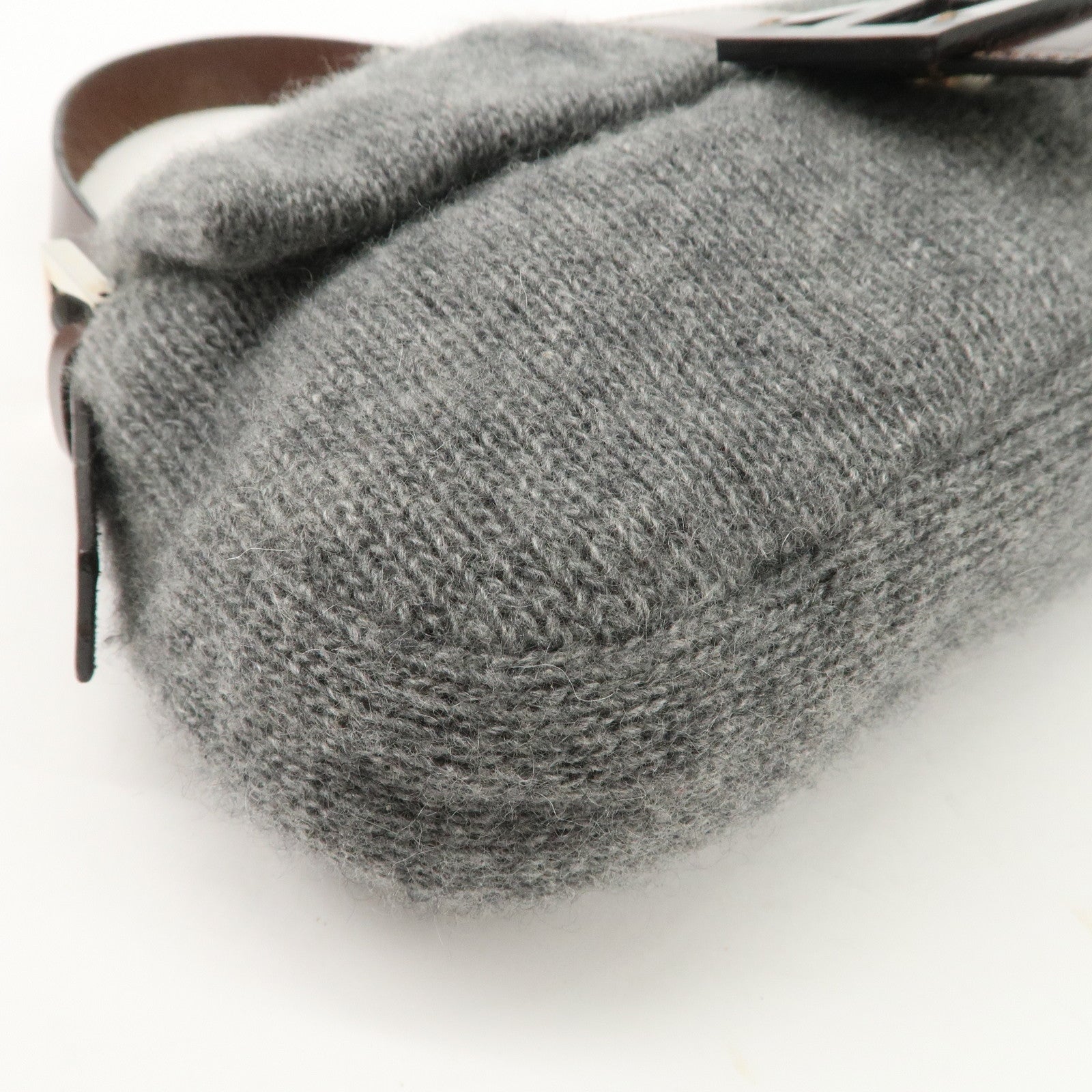 FENDI Mamma Baguette Wool Leather Shoulder Bag Brown Gray 26424