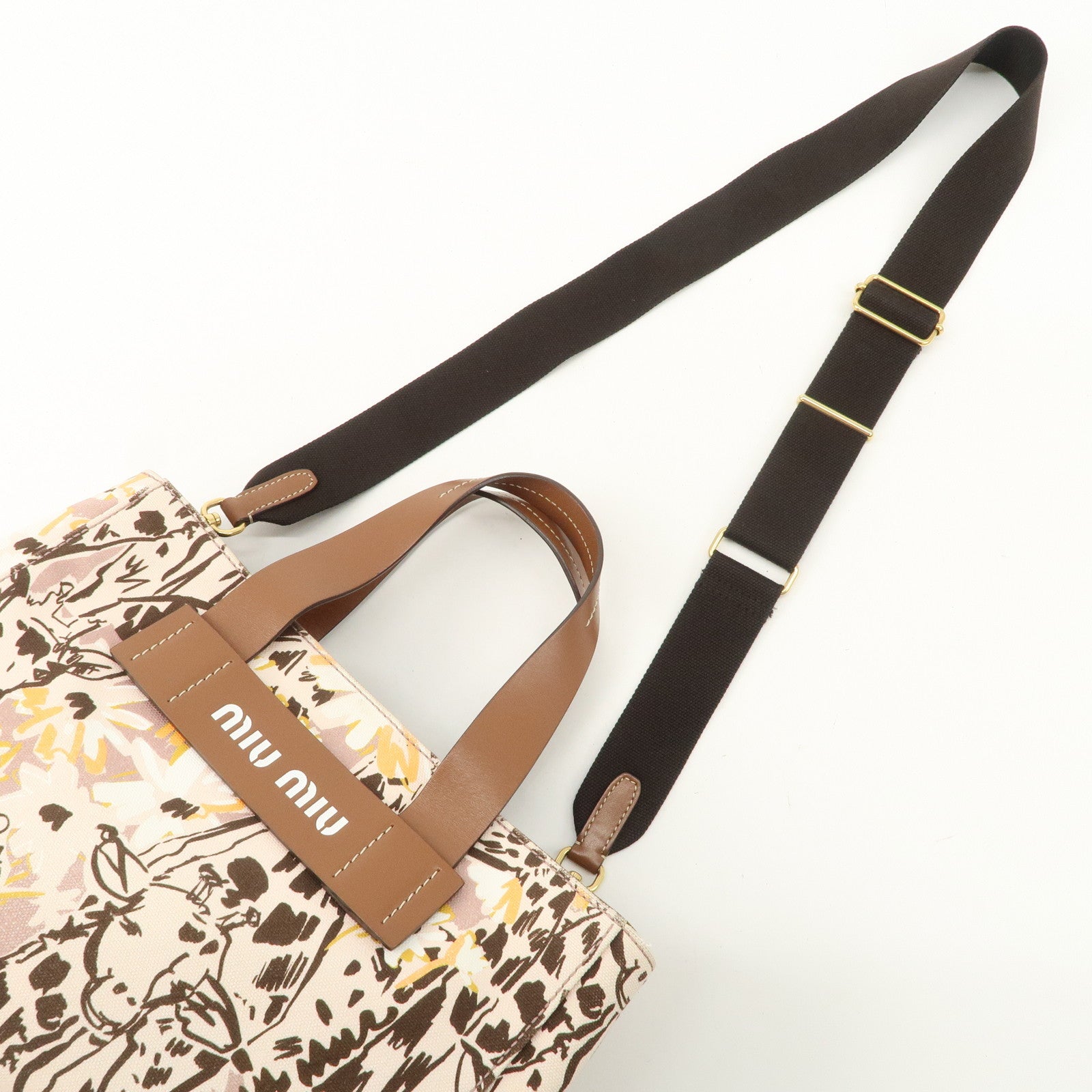 MIU MIU Leather Canvas 2Way Hand Bag Tote Bag Brown Pink 5BA085 Used
