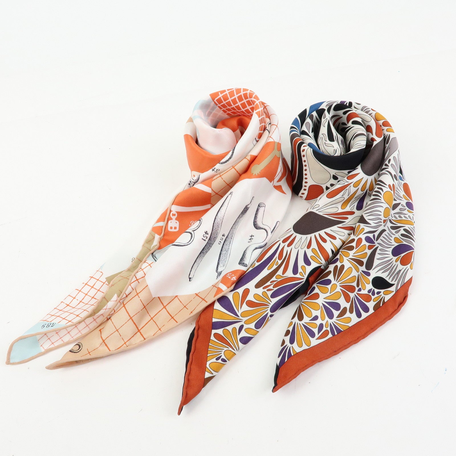 HERMES Carre 65 Set of 2 Silk 100% Scarf Beige Brown Orange