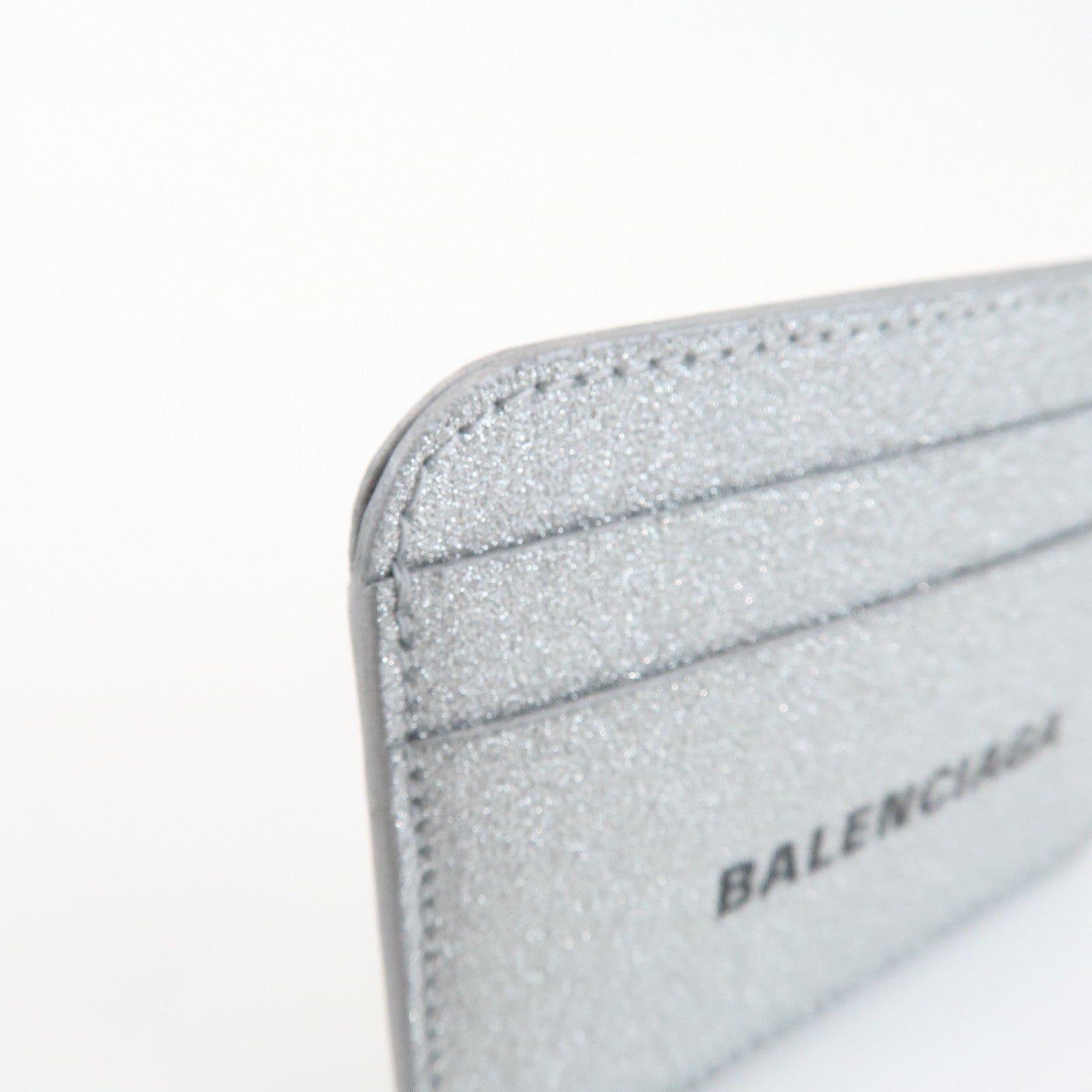 BALENCIAGA Logo Leather Card Case Card Holder Silver
