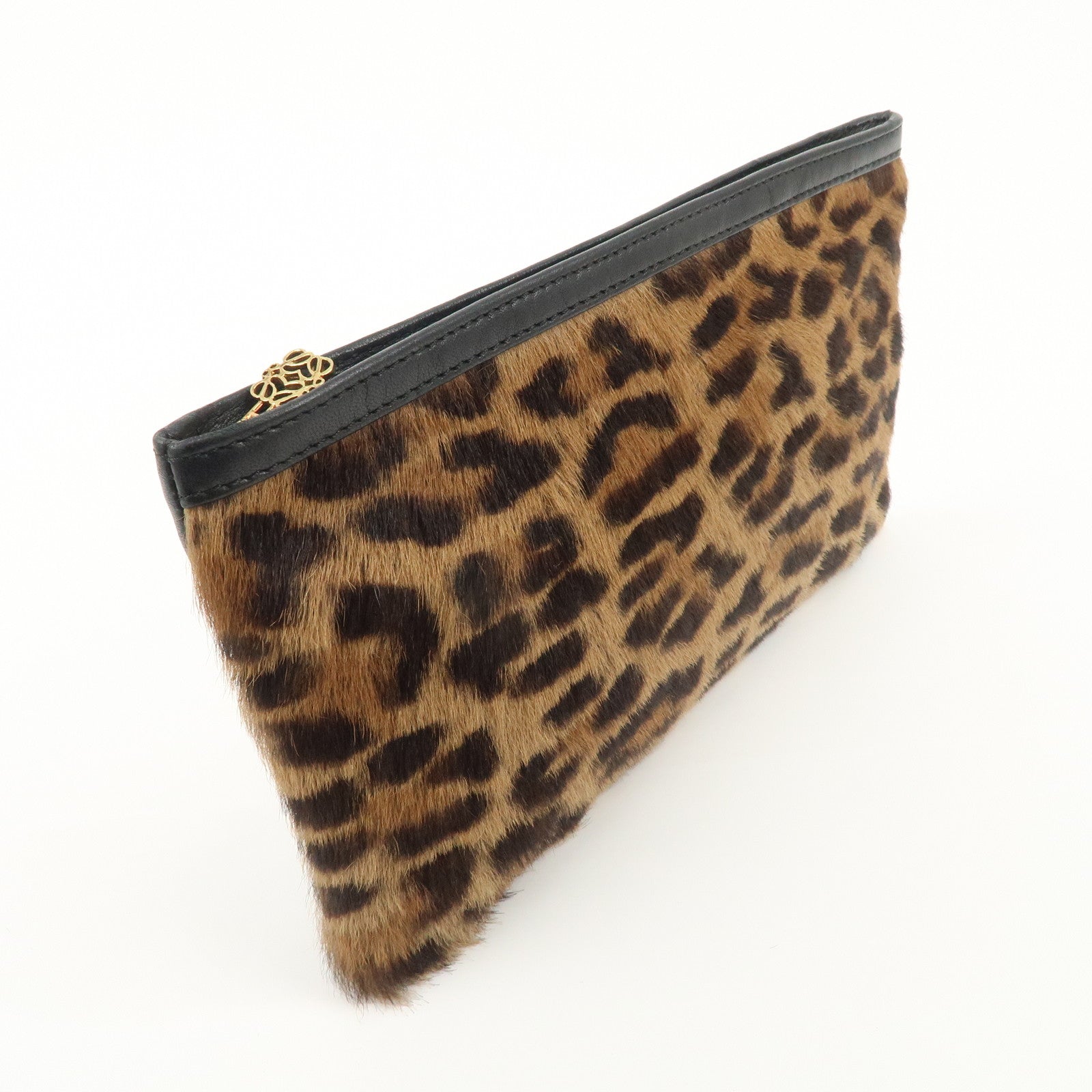 LOEWE Pony Hair Leather Pouch Leopard Brown Black Gold HDW Used