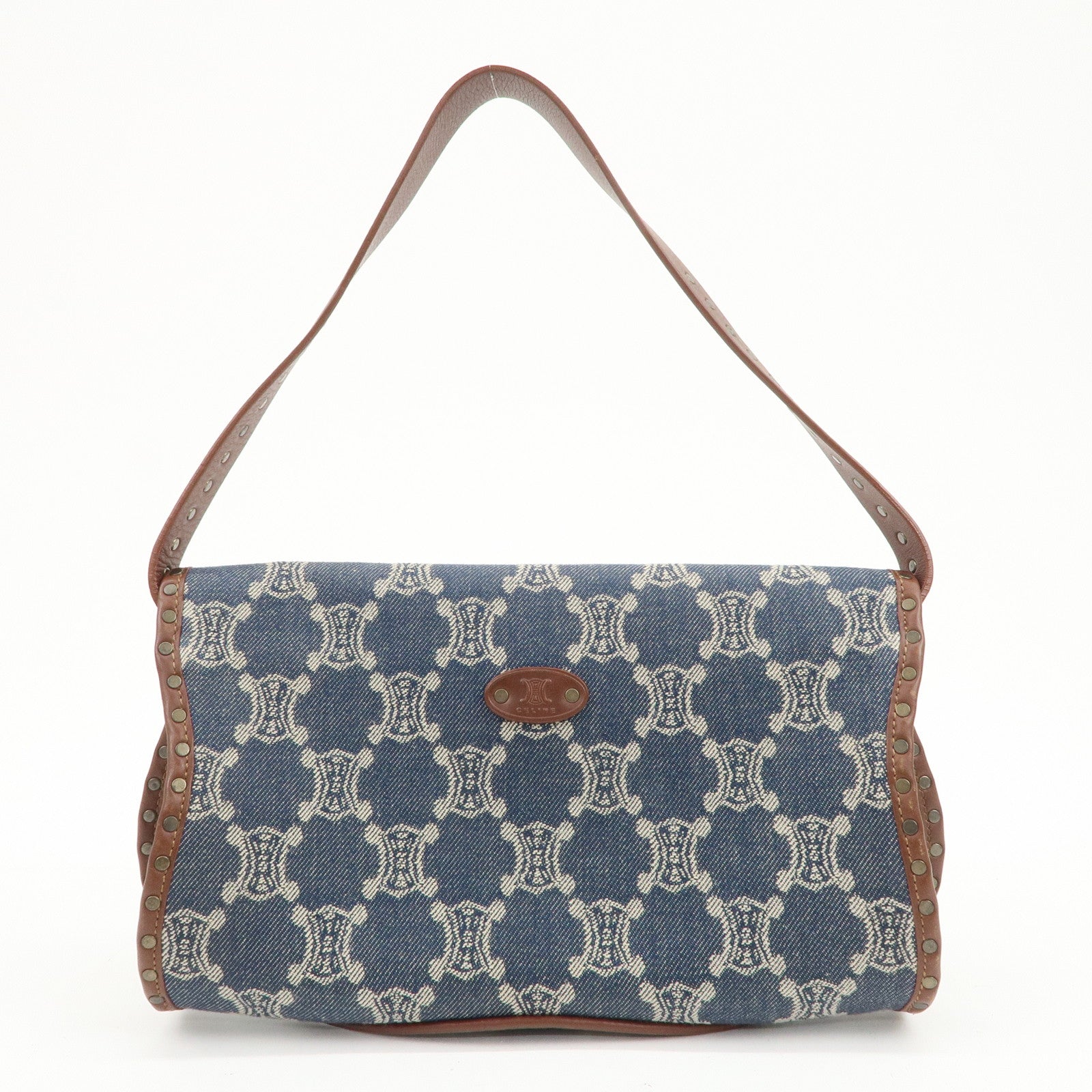 CELINE Macadam Canvas Leather Shoulder Bag Hand Bag Navy Brown