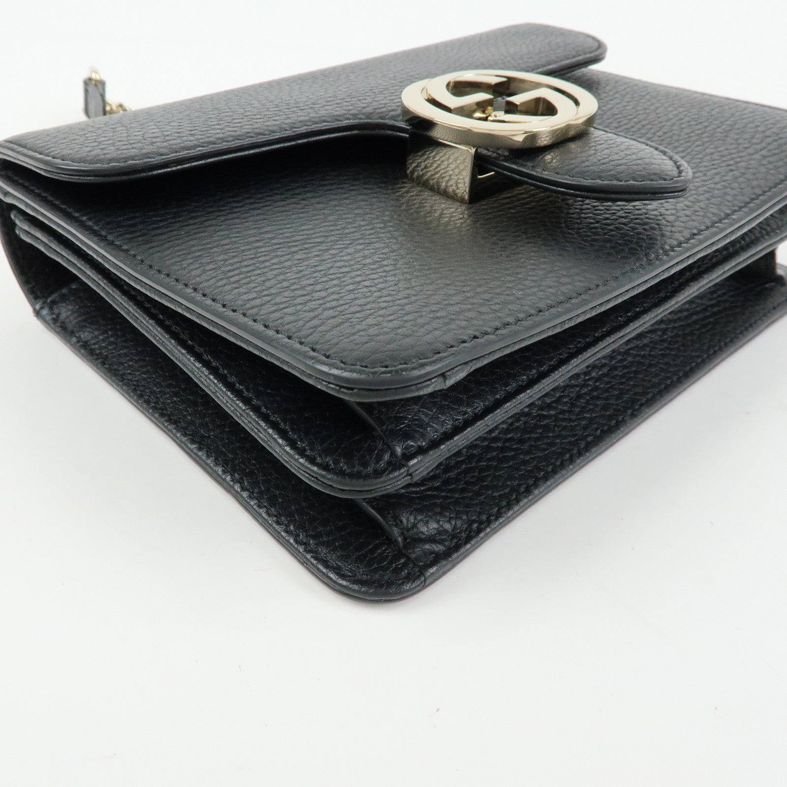 GUCCI Interlocking G Leather Chain Flap Shoulder Bag Black 510304