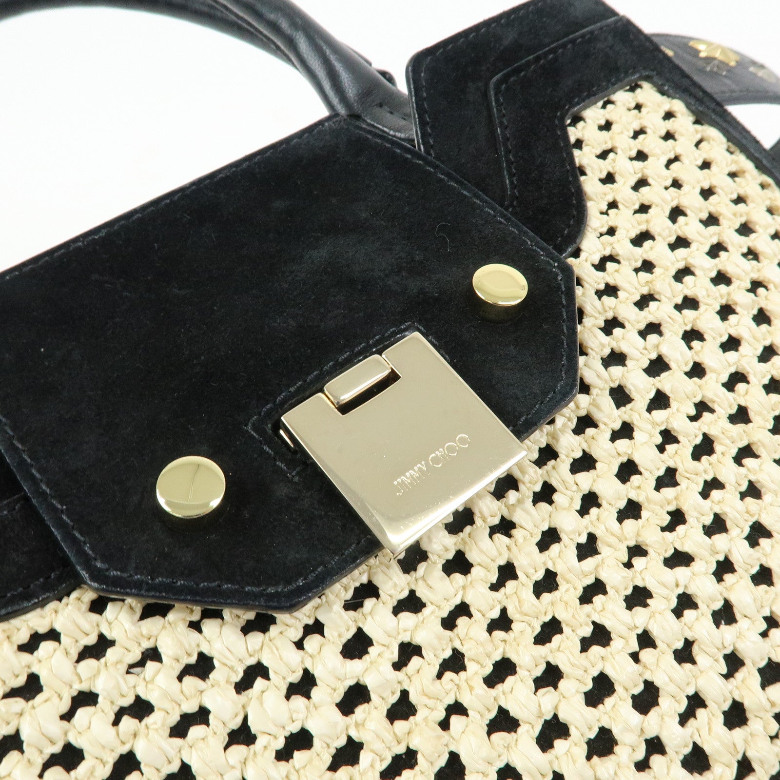 JIMMY CHOO Straw Suede Leather 2Way Bag Hand Bag Natural Black