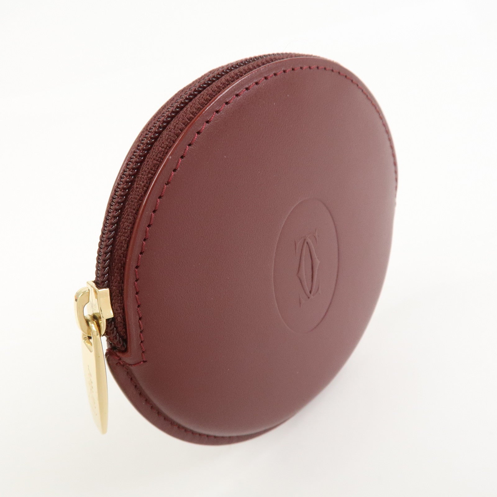 Cartier Must Line Leather Coin Case Coin Purse Wine Red