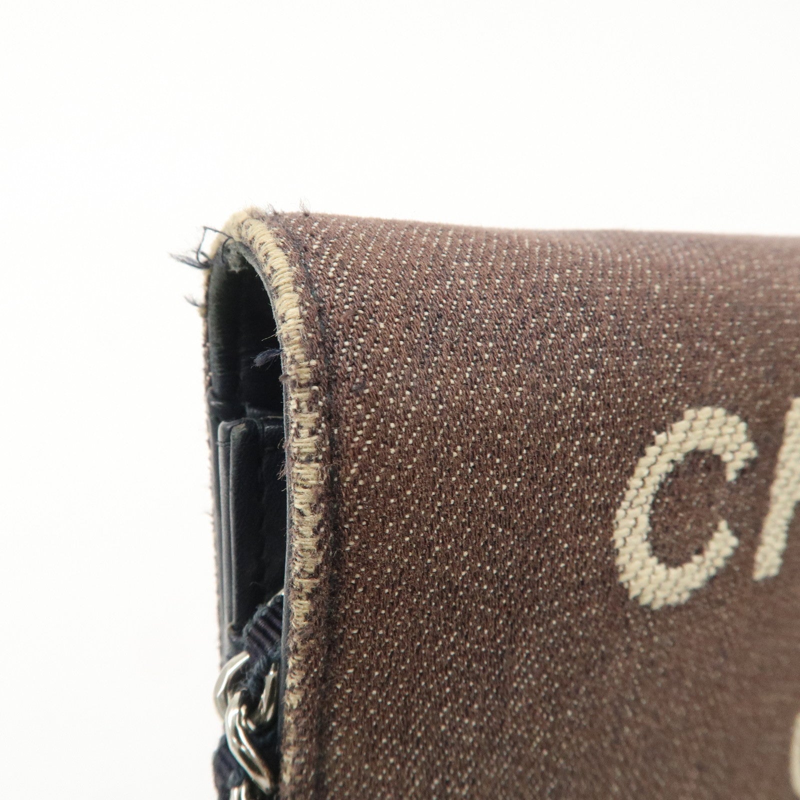 CHANEL Deauville Denim Chain Wallet Navy Brown Silver HDW A80795 Used