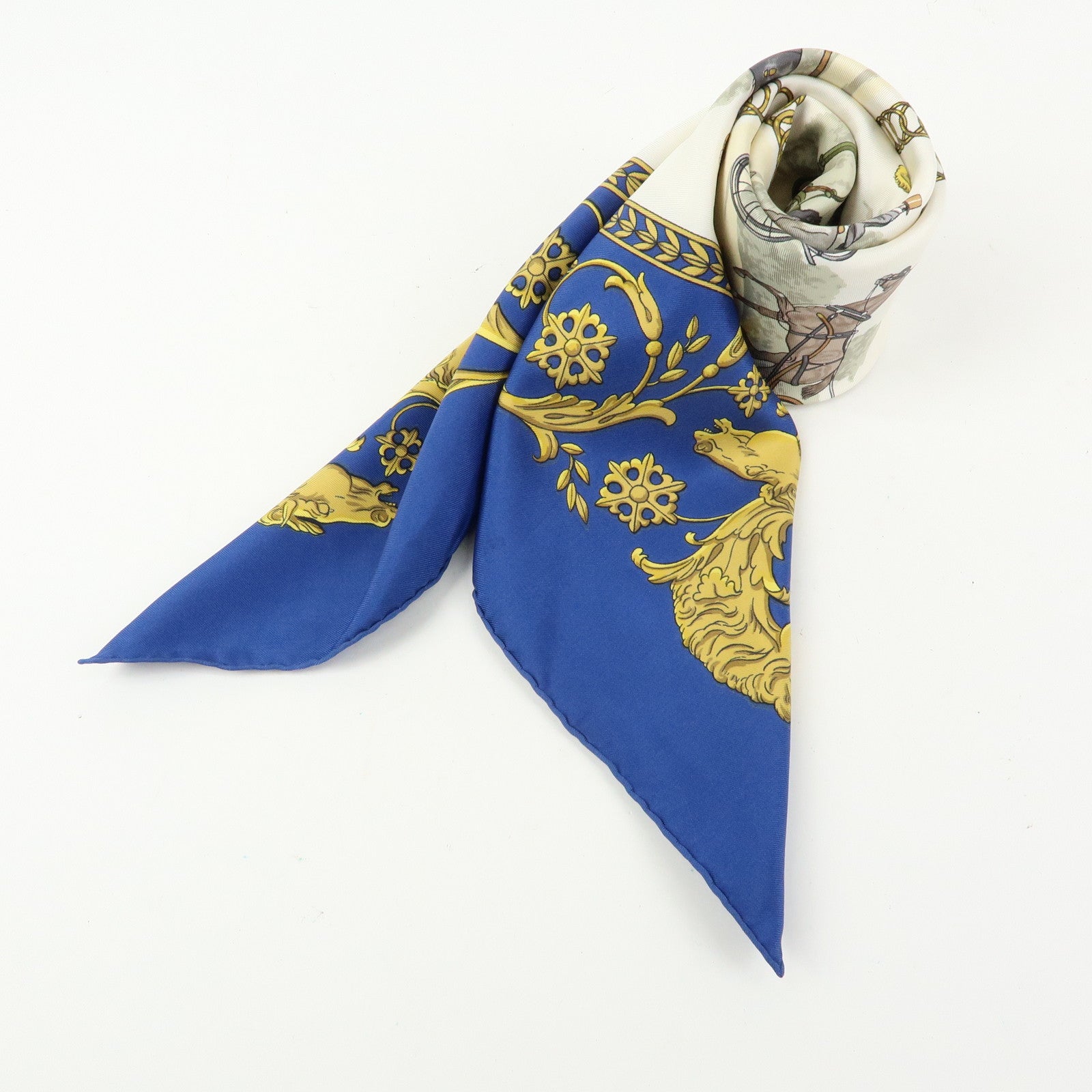 HERMES Carre 90 Silk 100% Scarf LA PROMENADE DE LONGCHAMPS Navy
