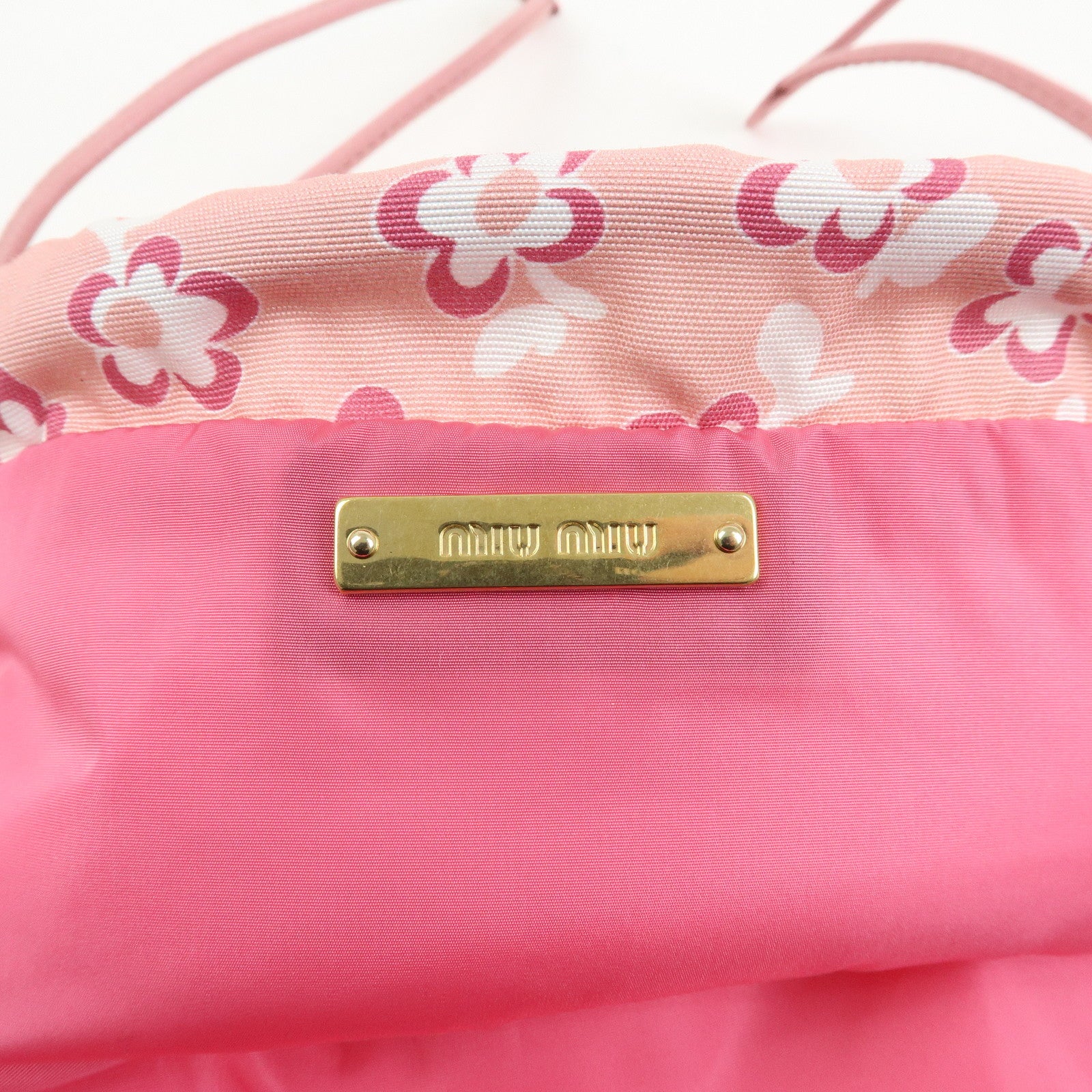MIU MIU Logo Nylon Leather Drawstring Pouch Flower Motif 5NG003