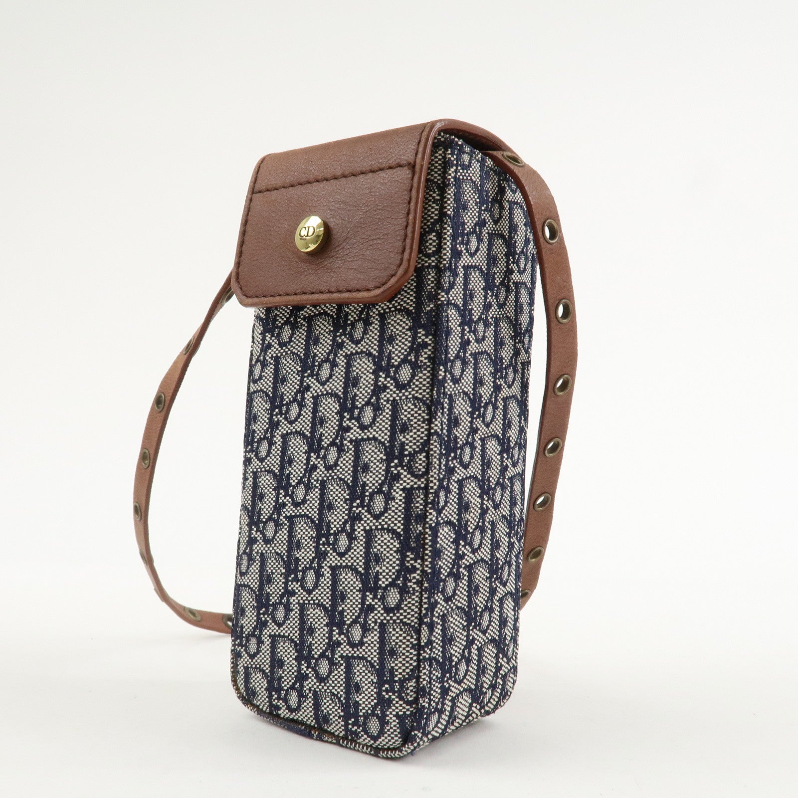 Christian Dior Trotter Canvas Leather Shoulder Bag Navy Brown Used