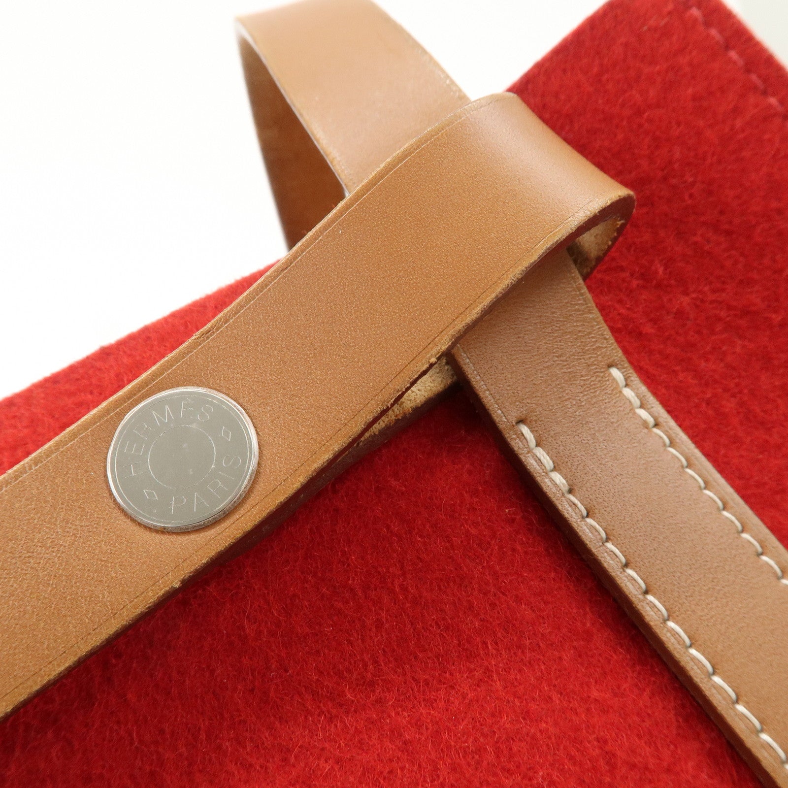 HERMES Leather Felt Cabalicol P Stamped Shoulder Bag Beige Red Used