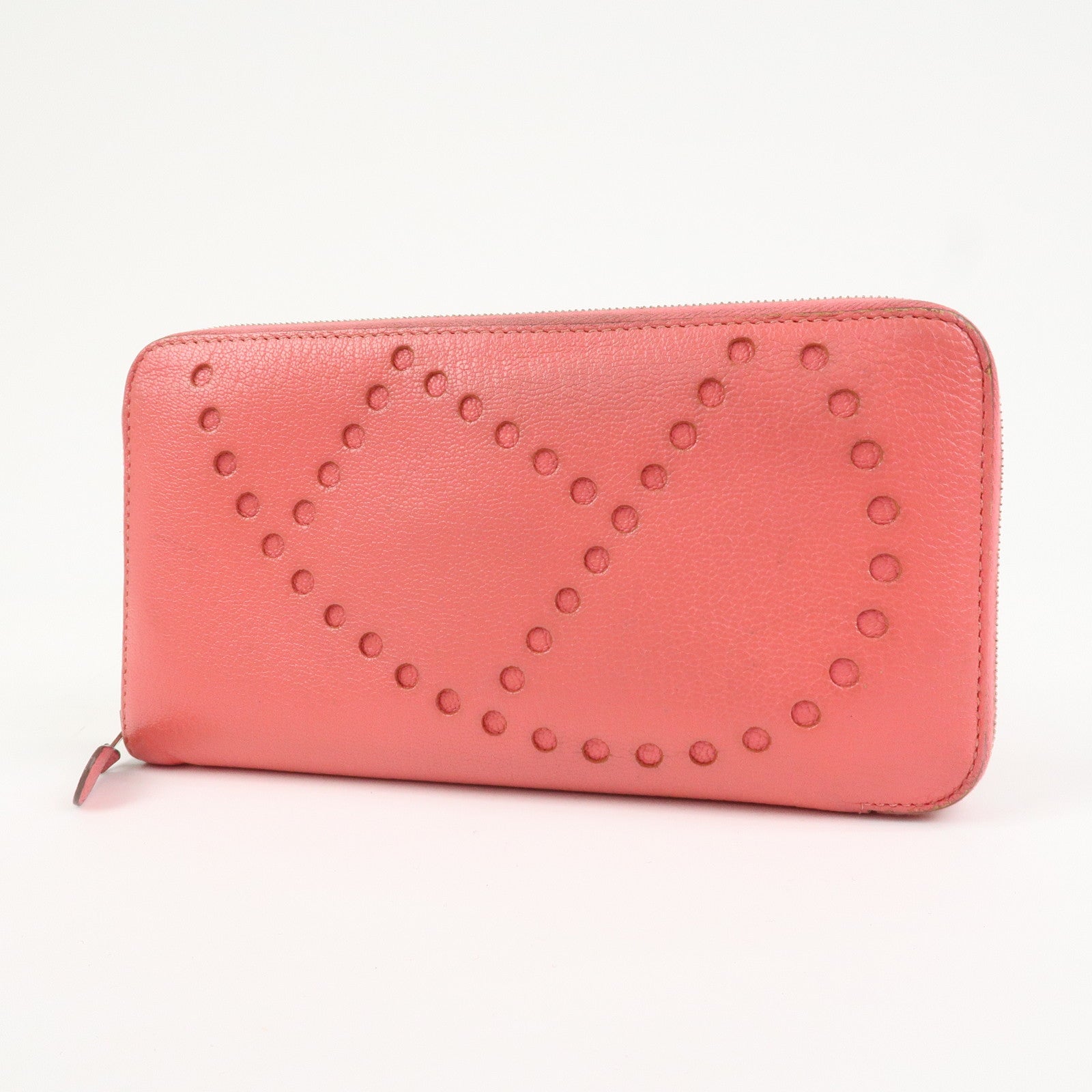 HERMES Evelyne Azap Leather 笆。P Stamped Round Zippy Long Wallet Pink