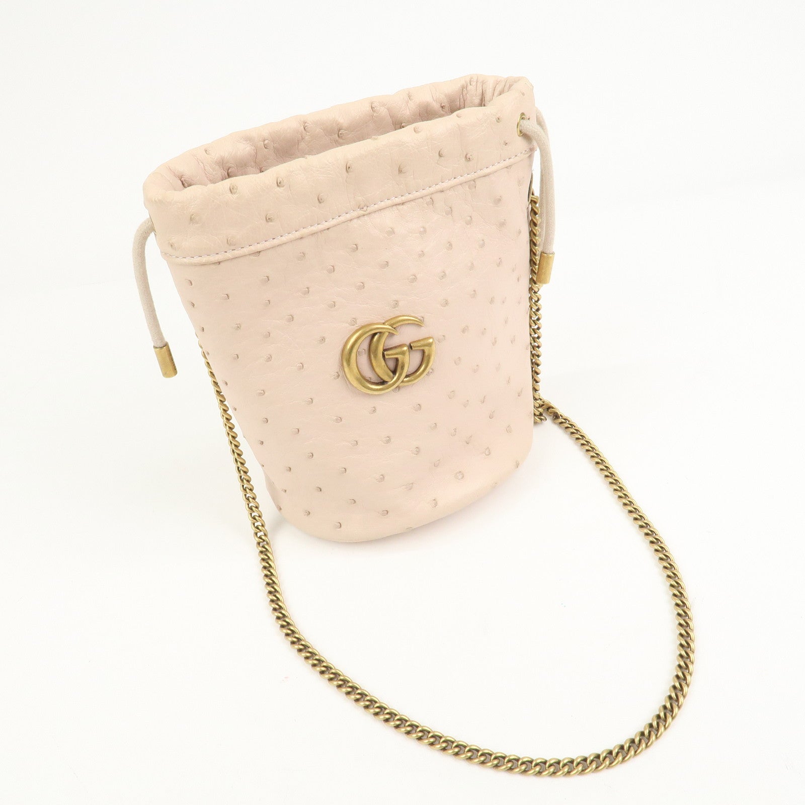 GUCCI GG Marmont Ostrich Leather Mini Bucket Chain Bag Ivory 575163