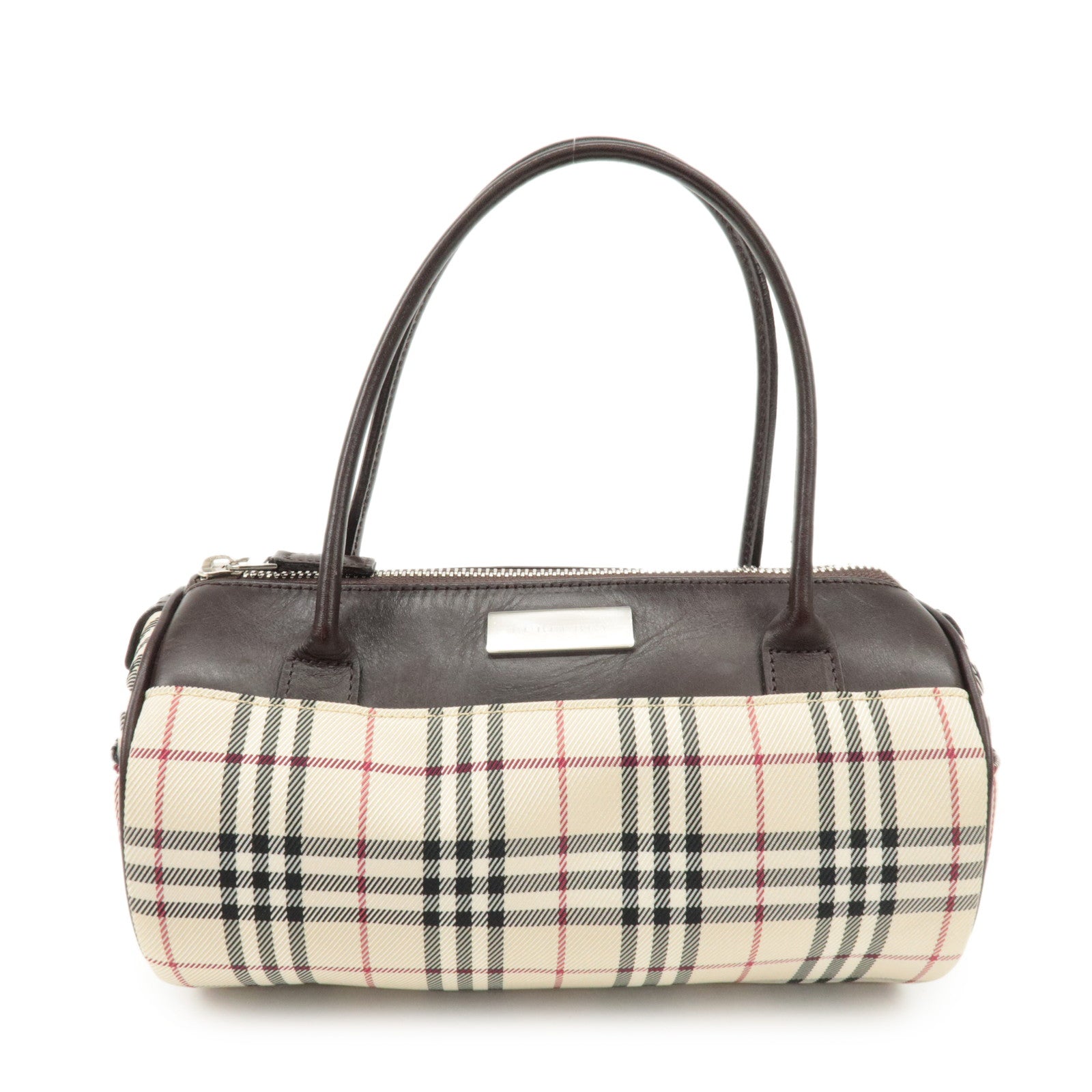 BURBERRY Leather Canvas Hand Bag Nova Plaid Beige Brown Used