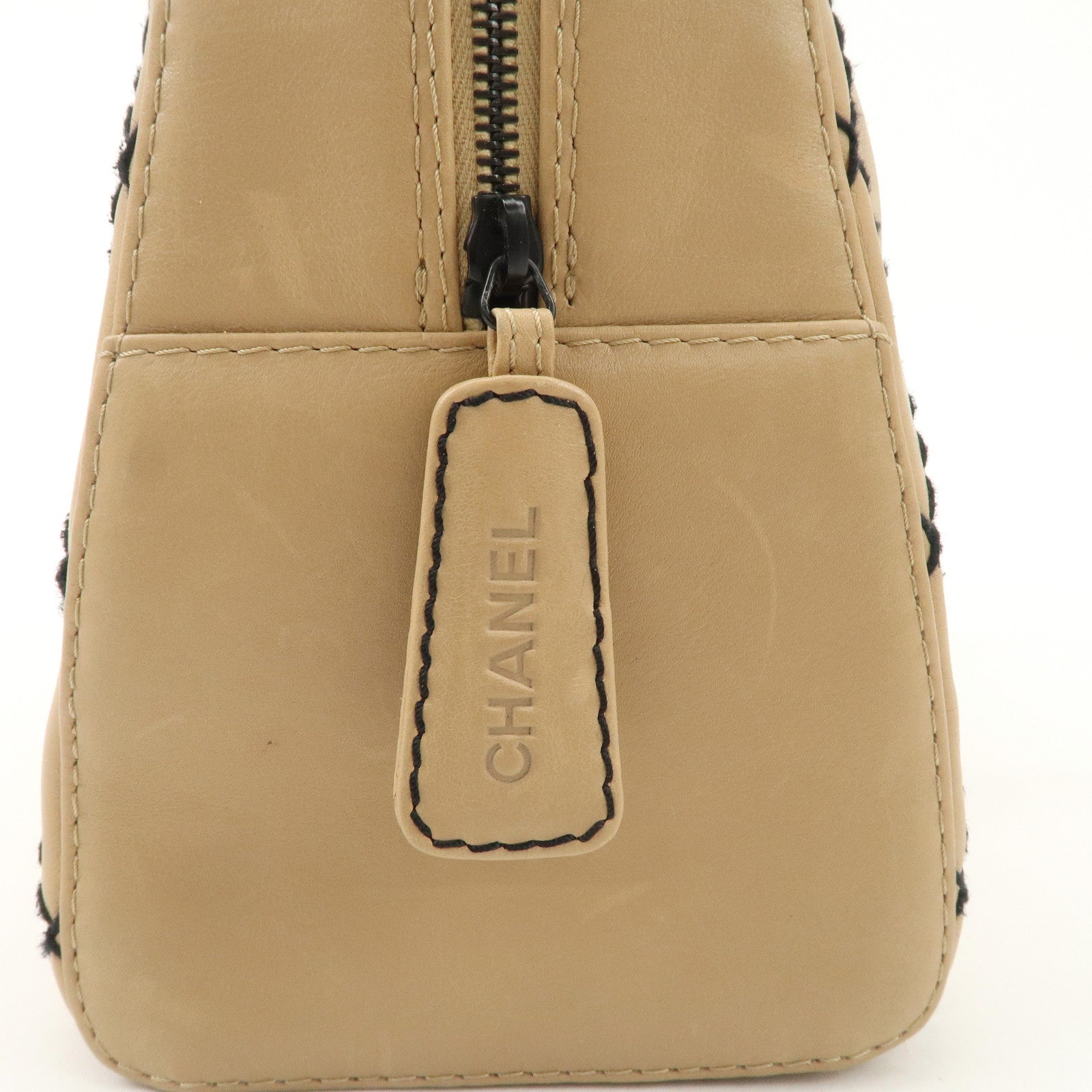 CHANEL Wild Stitch Calf Skin Coco Mark Hand Bag Beige A14692 Used