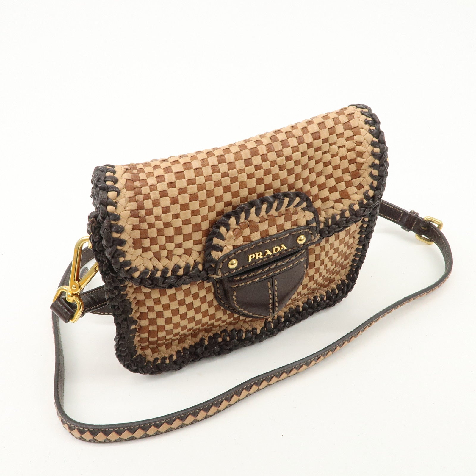 PRADA Madras Leather Shoulder bag Beige Brown BT781V Used