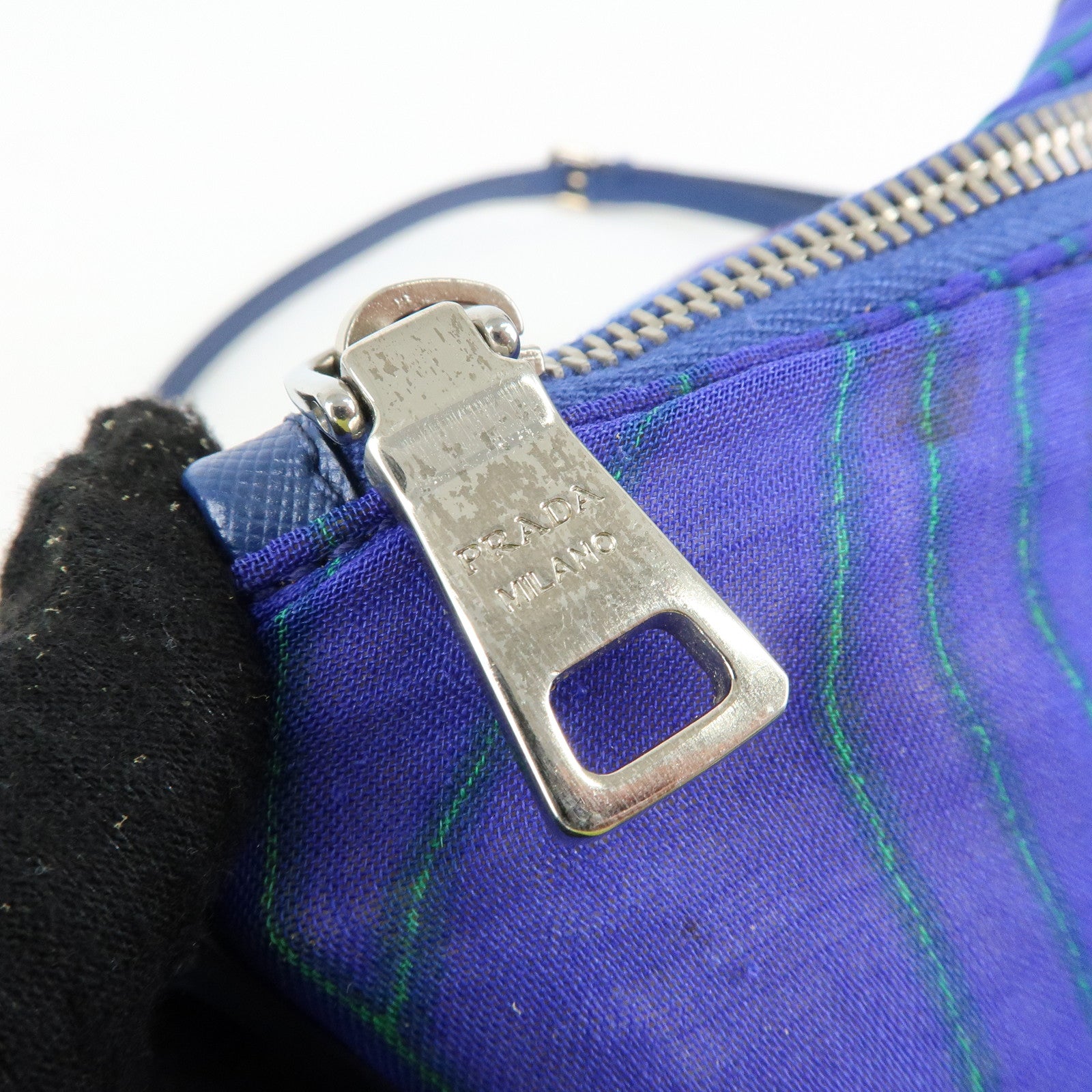 PRADA Triangle Logo Linen Leather 2Way Bag Flower Motif Blue BR4696