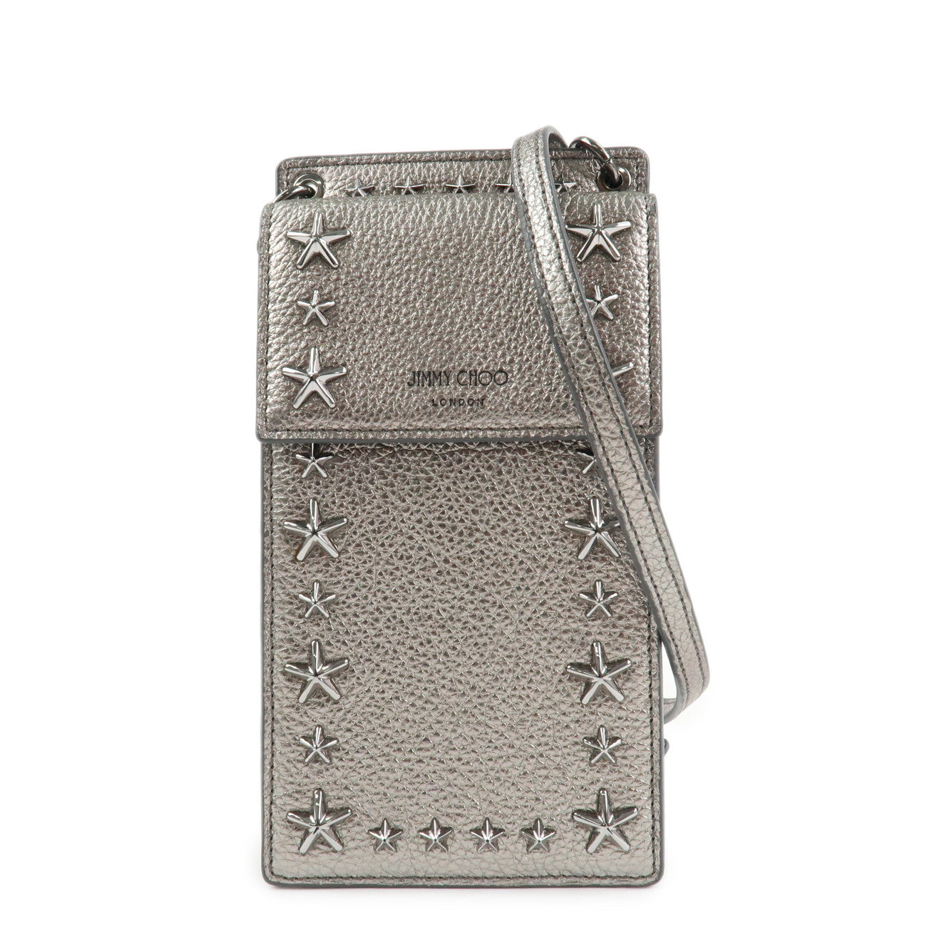JIMMY CHOO Leather Star Studs Cell Phone Folder Shoulder Bag Silver Used