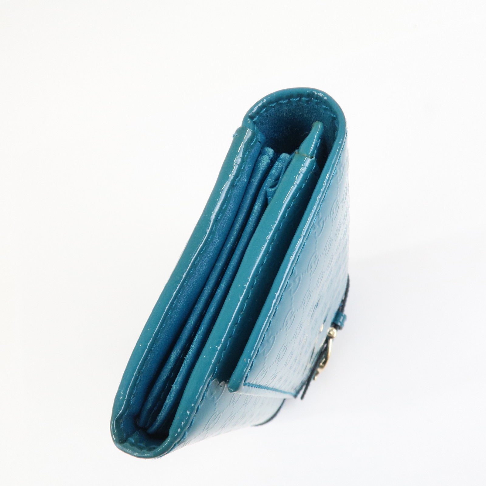 GUCCI Patent Leather Flap Long Wallet Blue Green 309760
