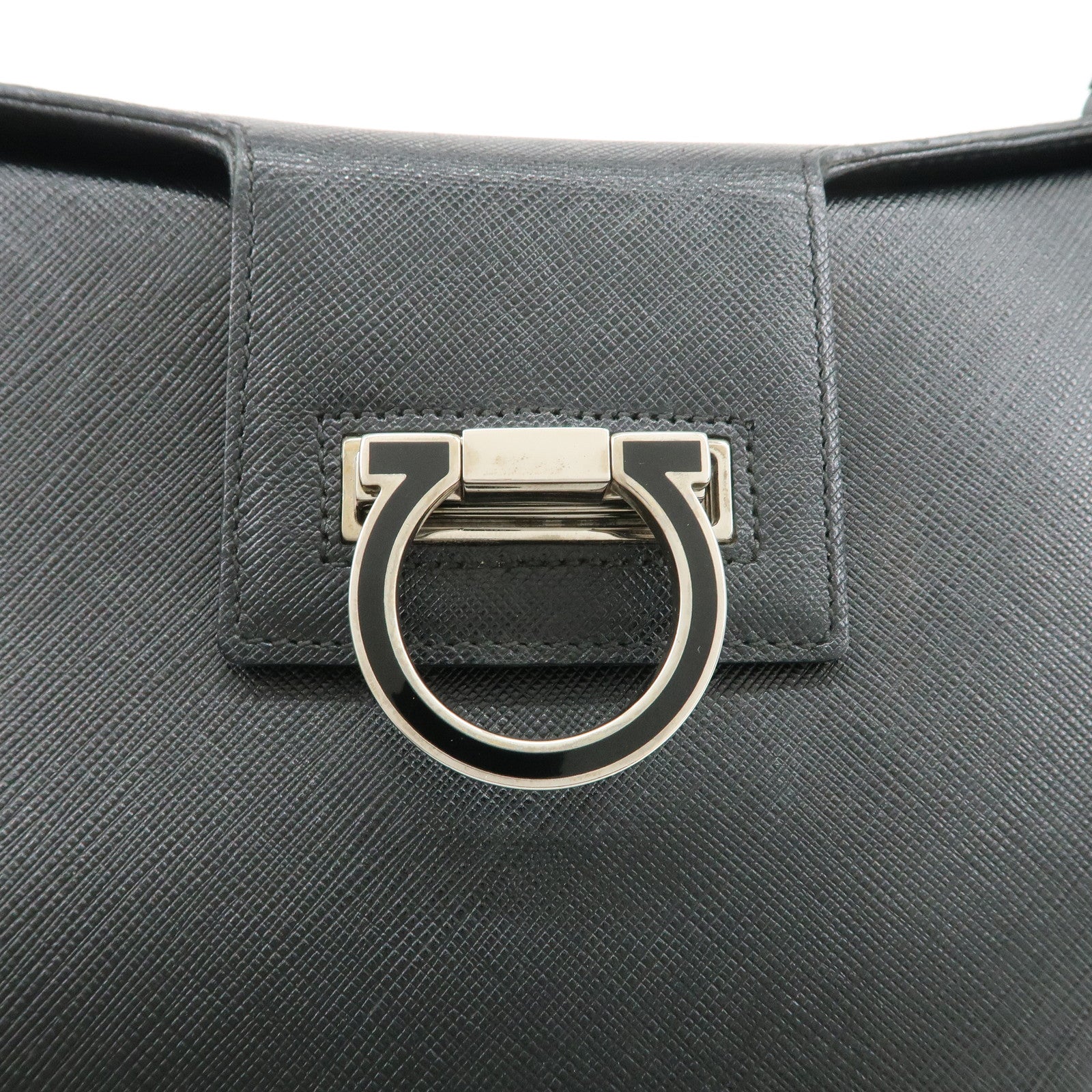 Ferragamo Gancini Leather Shoulder Bag Hand Bag Black Silver HDW
