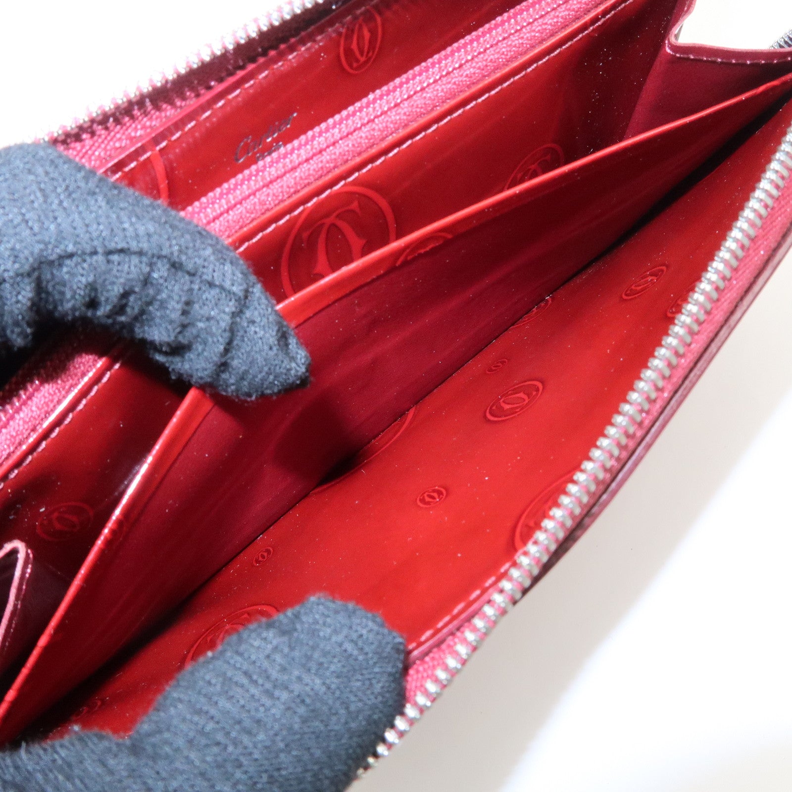 Cartier 2C Patent Leather Round Zippy Long Wallet Bordeaux Used