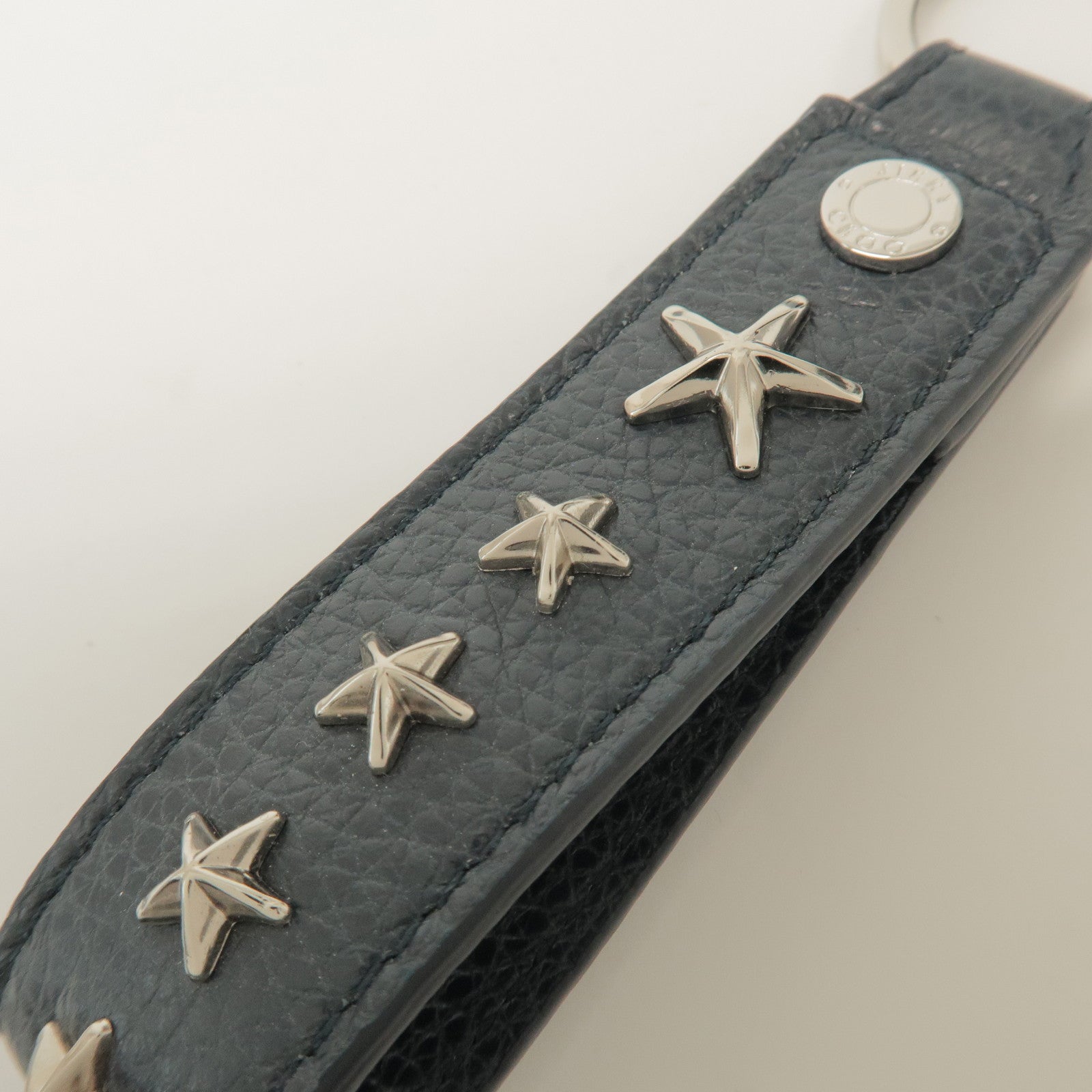 JIMMY CHOO Leather Bag Charm Key Chain Star Motif Navy