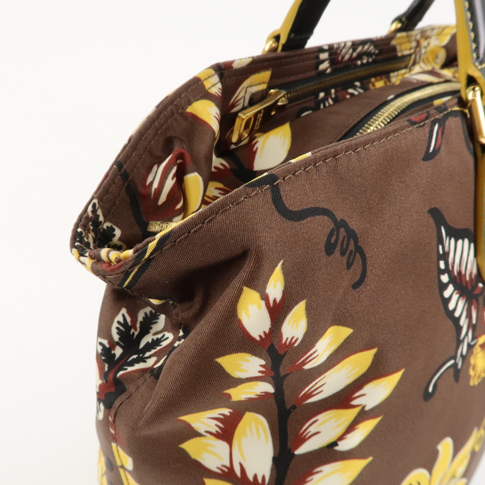 PRADA Triangle Logo Nylon Leather 2Way Bag Shoulder Bag Hand Bag Floral Print Brown Yellow BN2741 Used