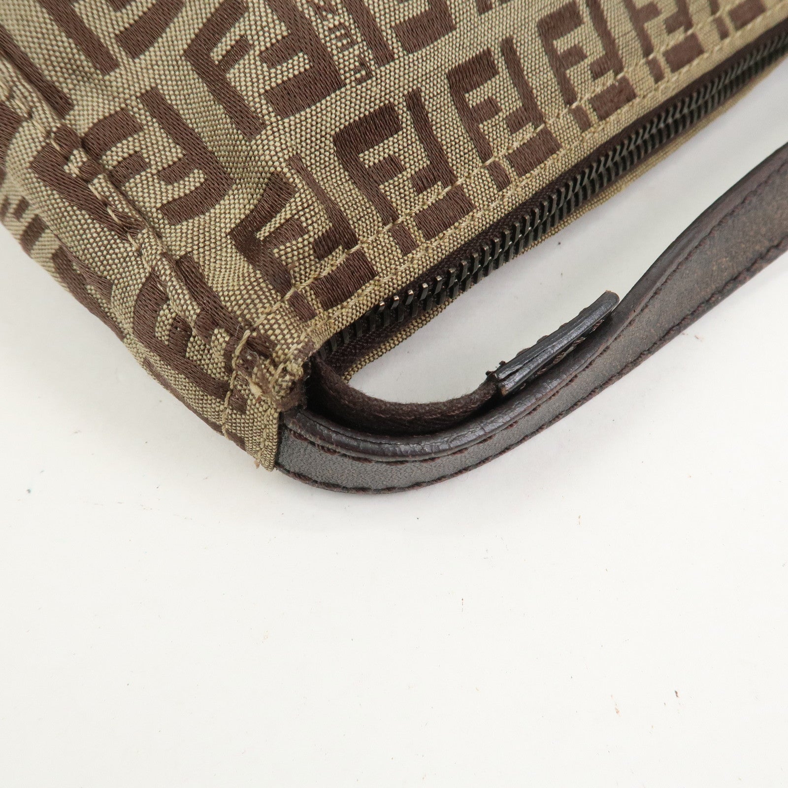 FENDI Zucchino Canvas Leather Hand Bag Pouch Bag Brown 8N0001