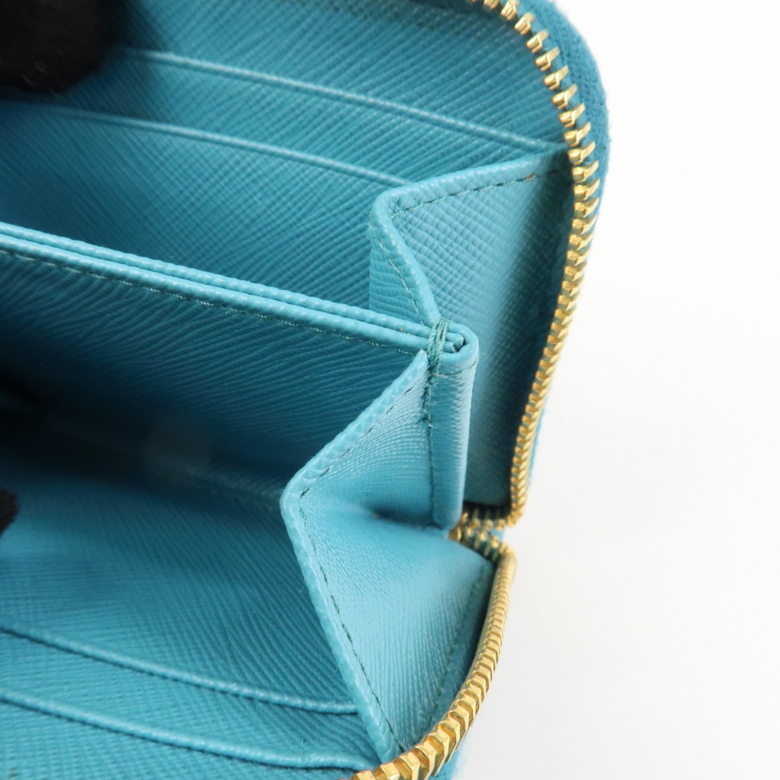 PRADA Logo Saffiano Leather Round Zippy Small Wallet Blue 1MM268 Used