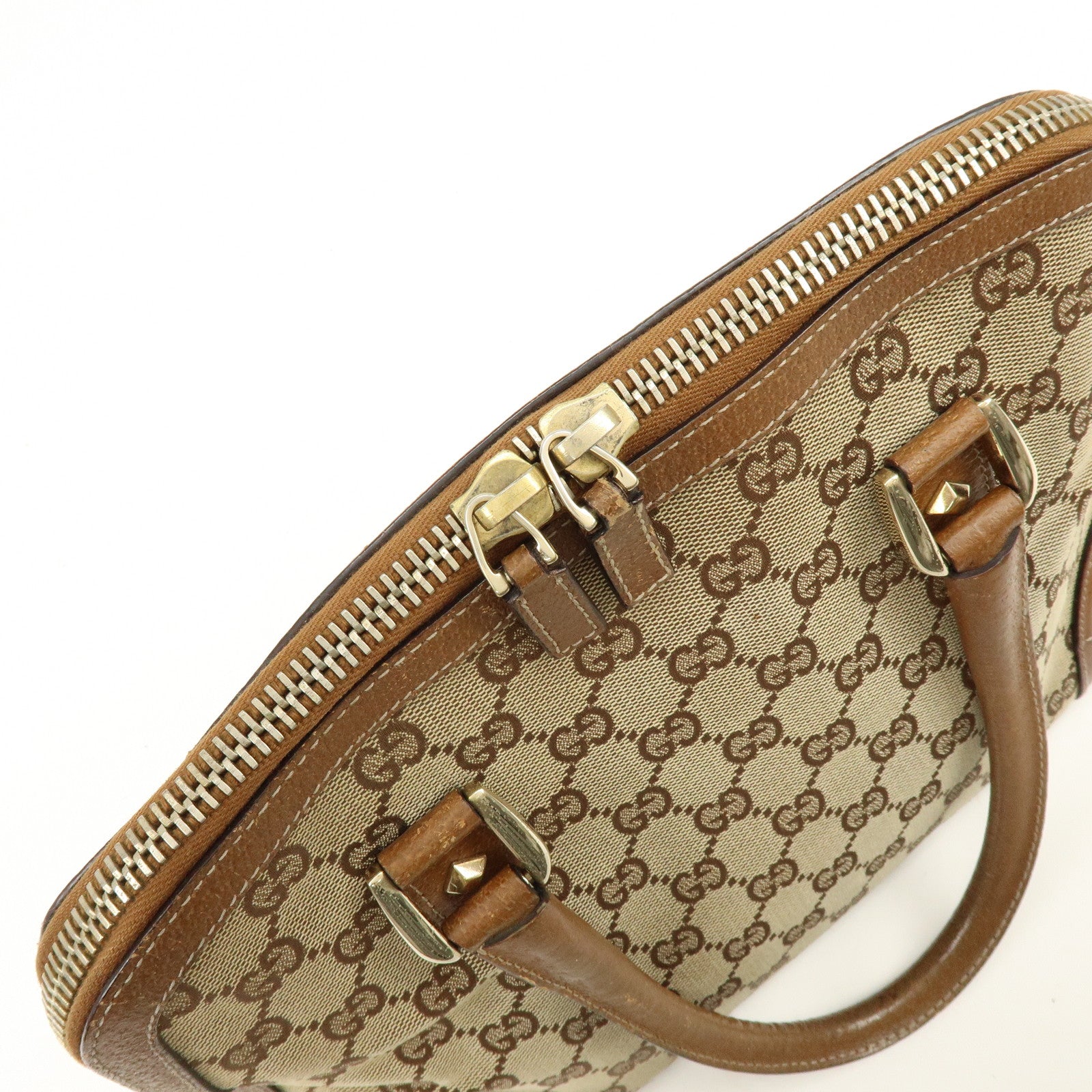GUCCI GG Canvas Leather Studded Hand Bag Brown 131023