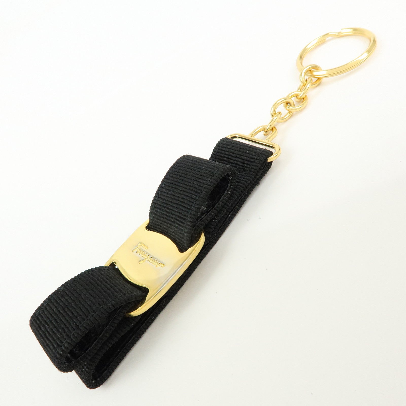 Ferragamo Vara Ribbon Metal Canvas Bag Charm Key Holder Black