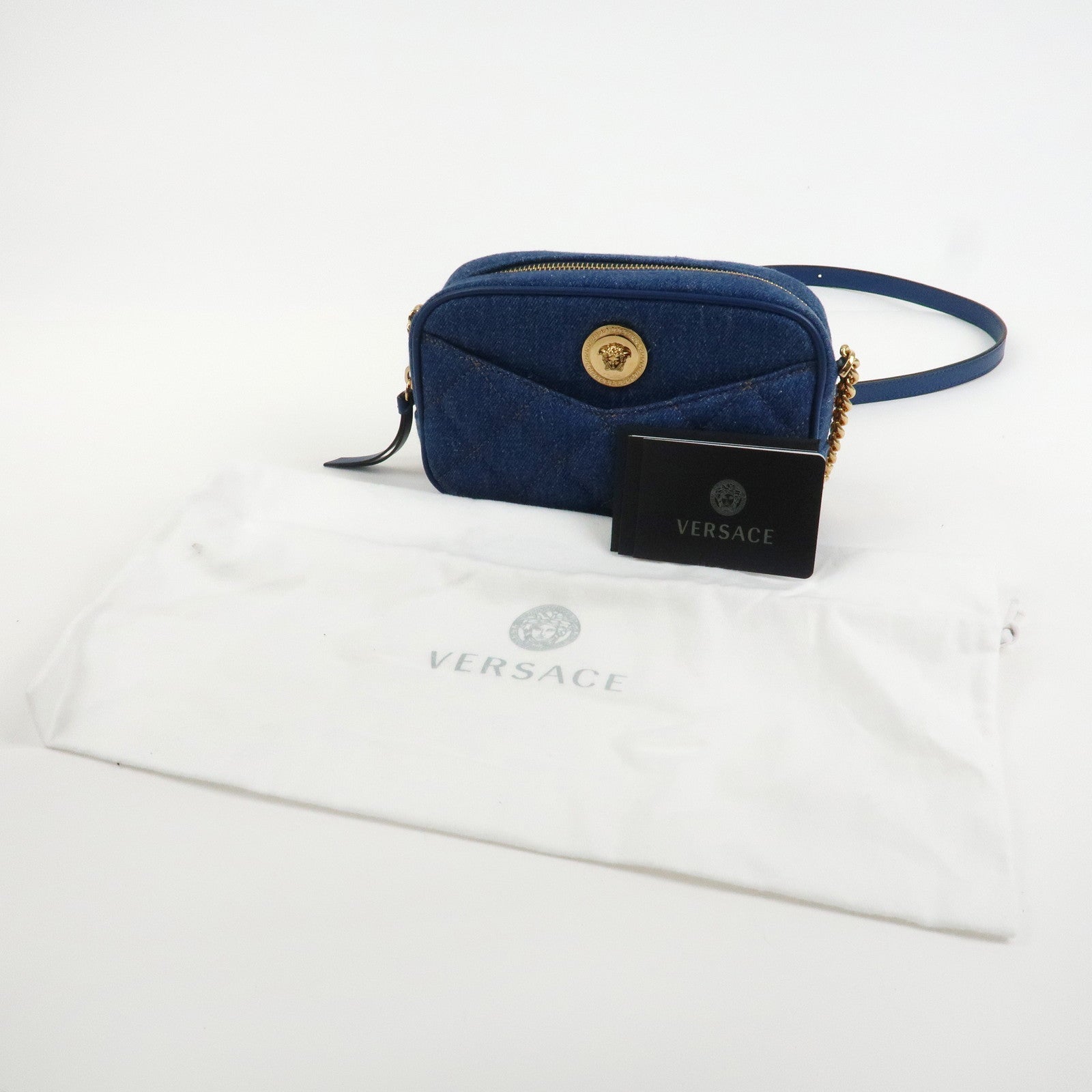 GIANNI VERSACE Denim Leather Chain Shoulder Bag Blue