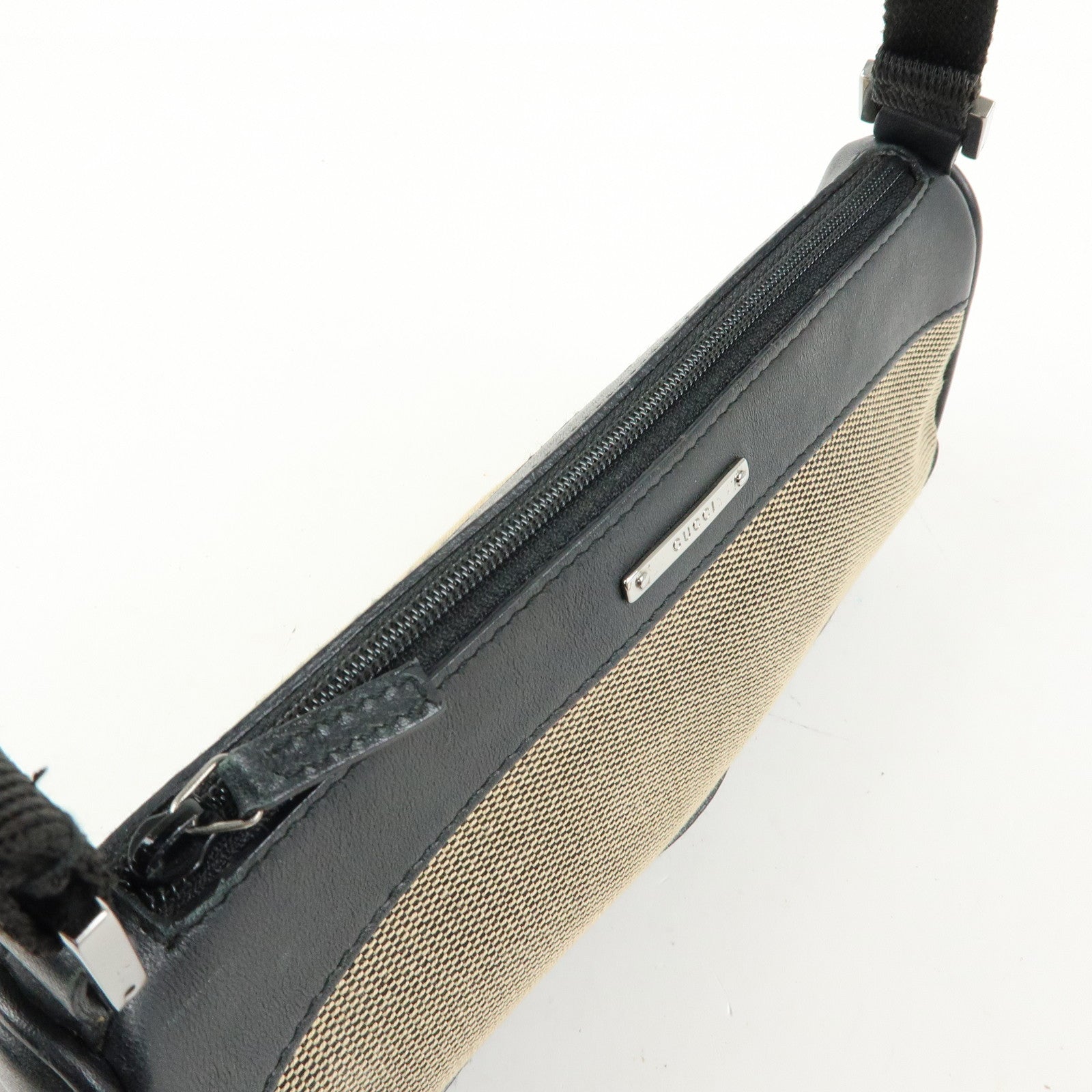 GUCCI Logo Canvas Leather Small Hand Bag Black Beige 92820