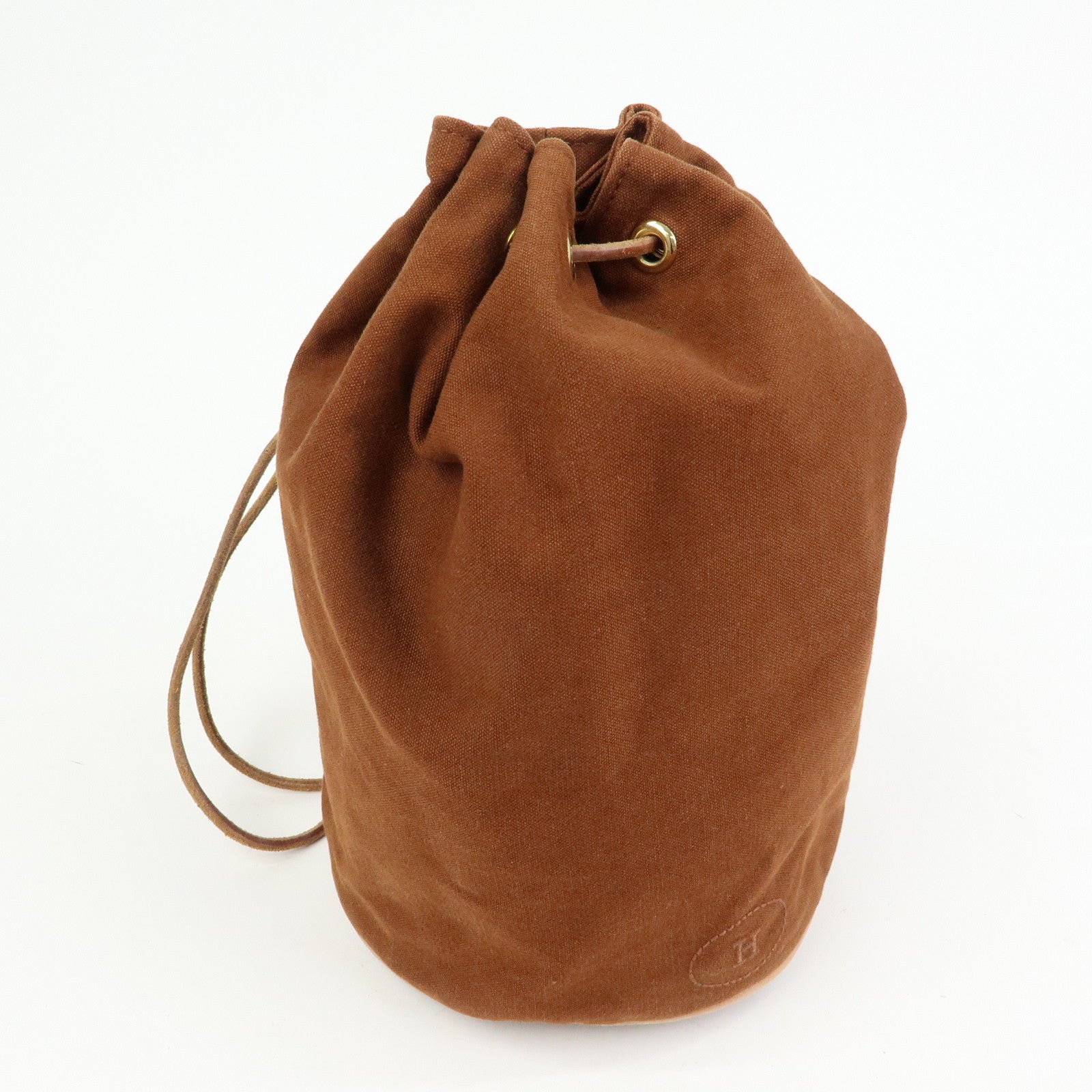 HERMES Porochon Mimil PM Canvas Leather Drawstring Backpack Brown