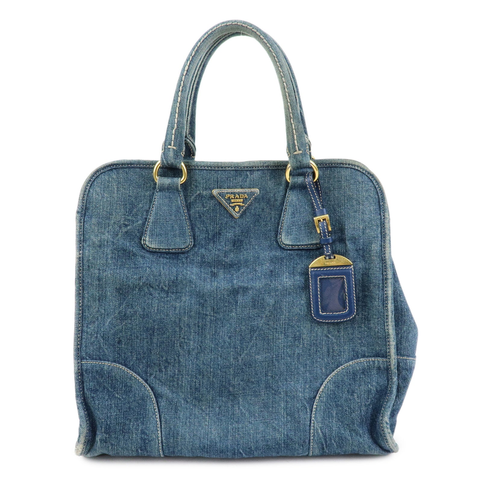 PRADA Triangle Logo Denim Tote Bag Hand Bag Blue BN2254