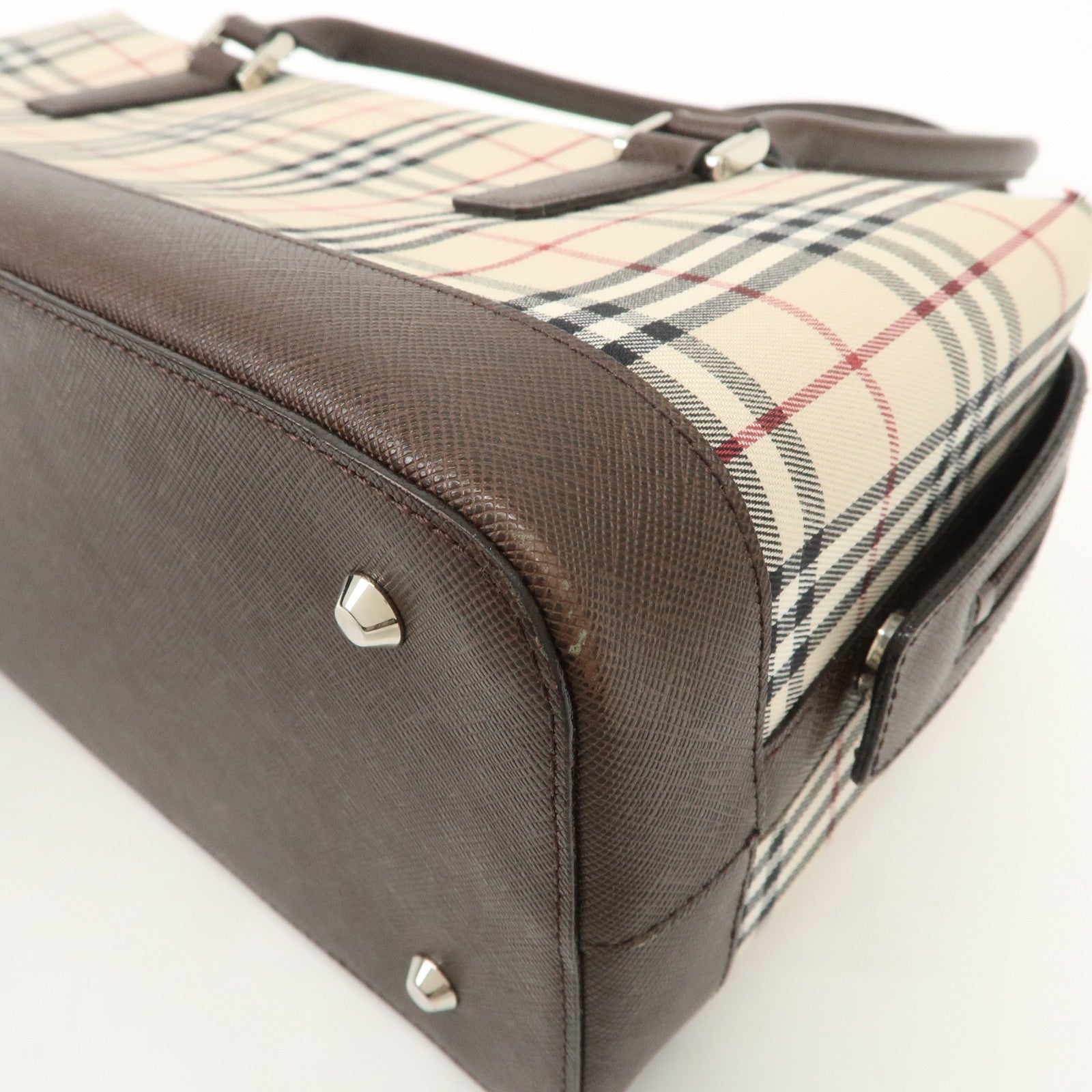 BURBERRY Leather Canvas Boston Bag Hand Bag Nova Plaid Brown Used